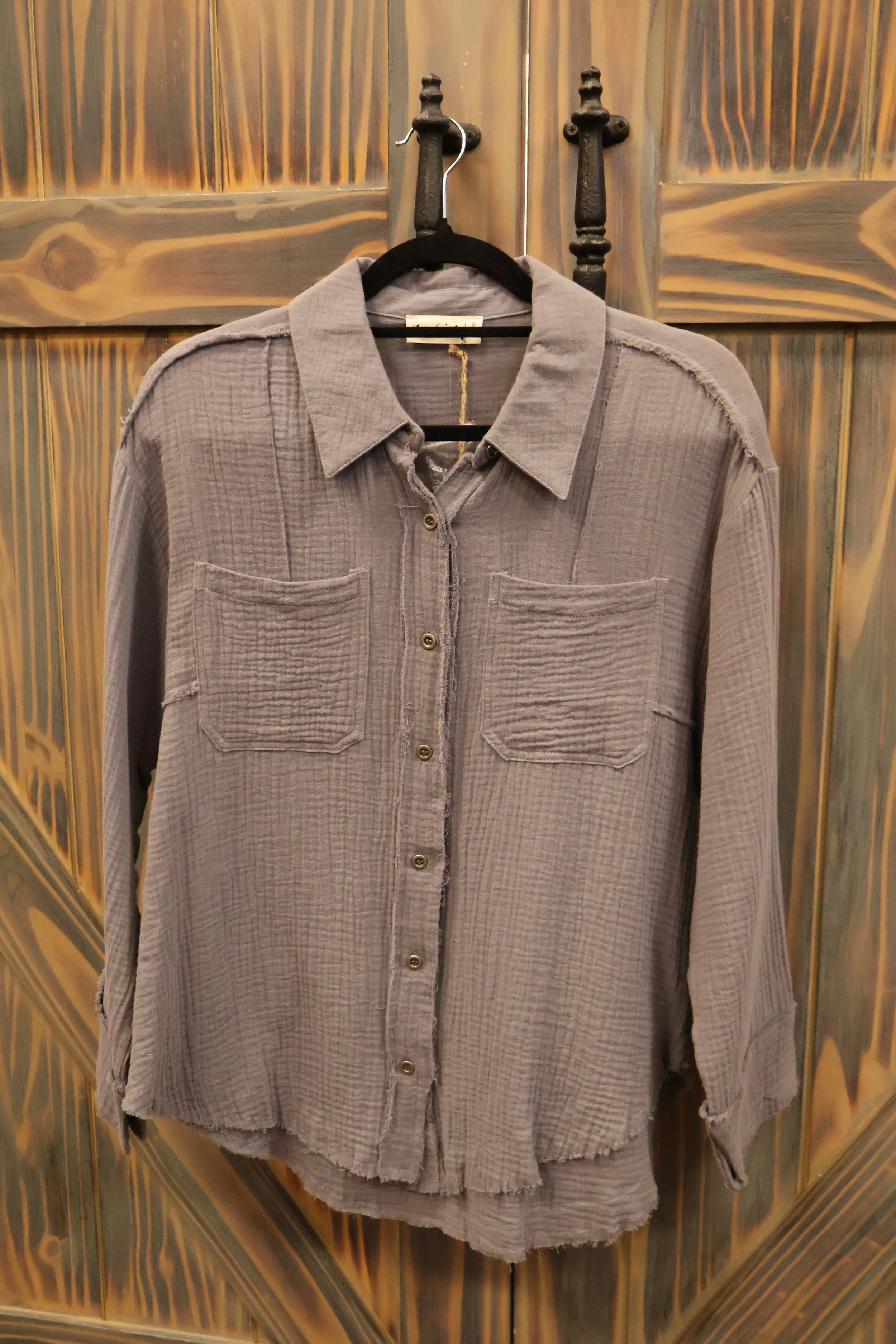 Taupe Gauze Button Up Top
