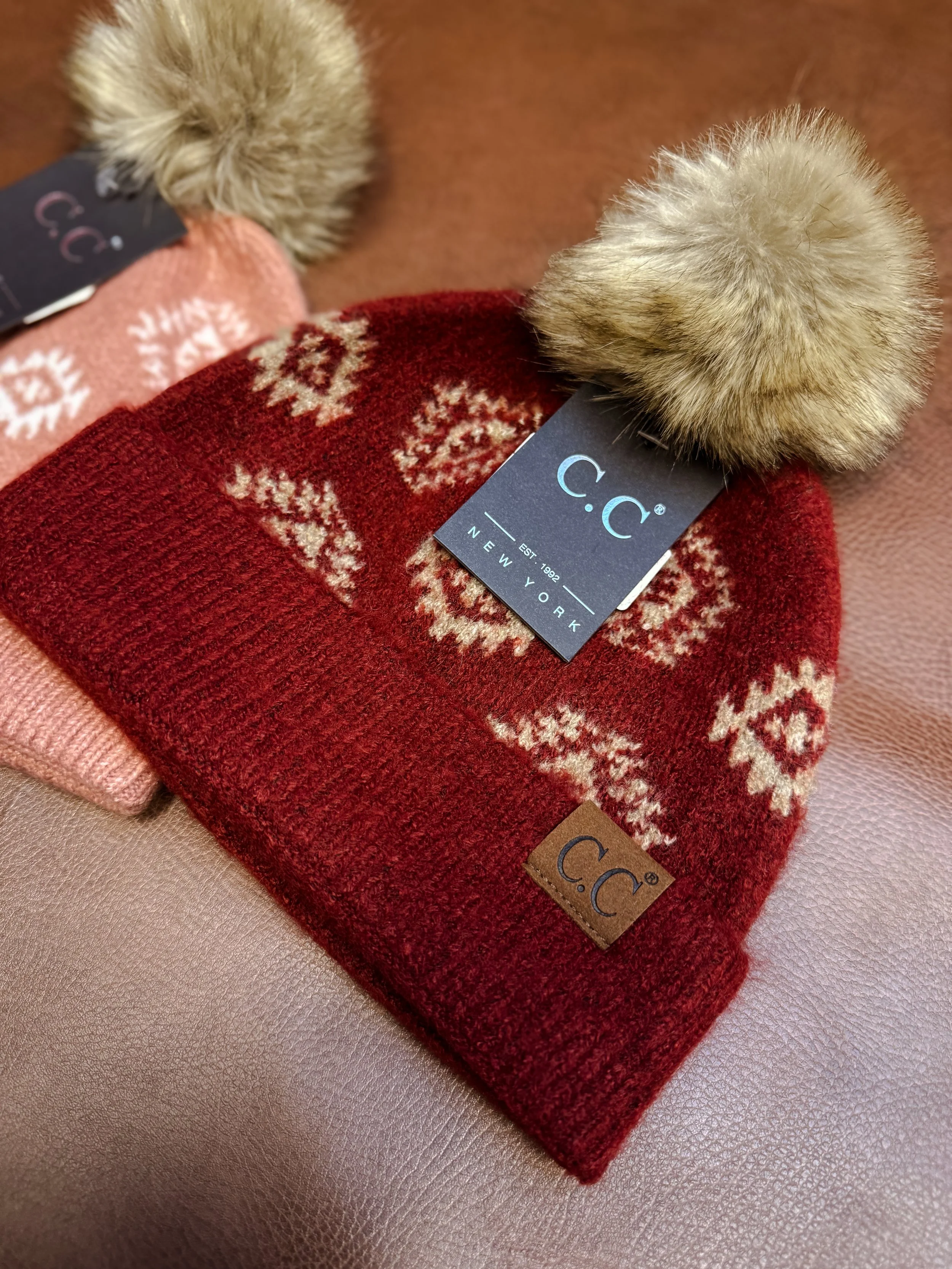 Red Aztec CC Pom Beanie