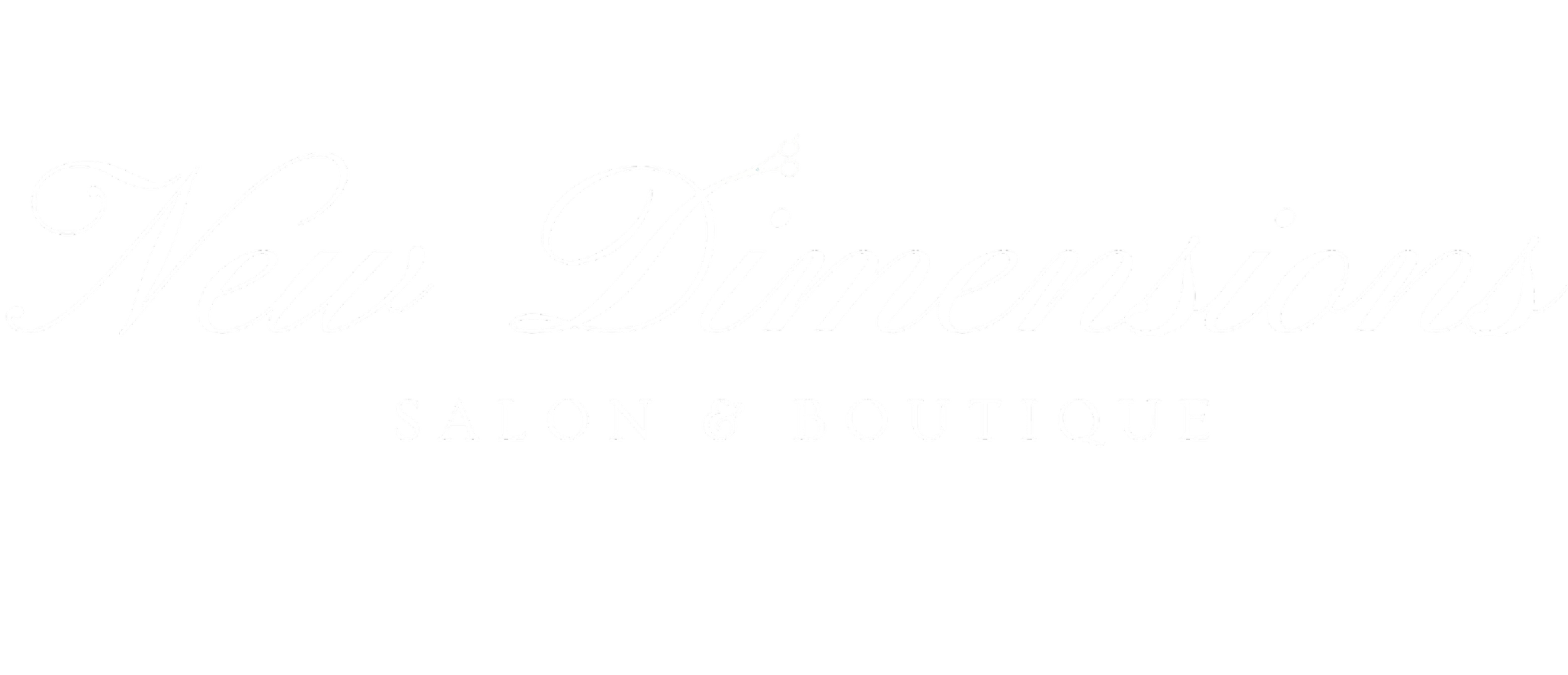 Logo for New Dimensions Salon & Boutique with elegant white cursive text on a black background.