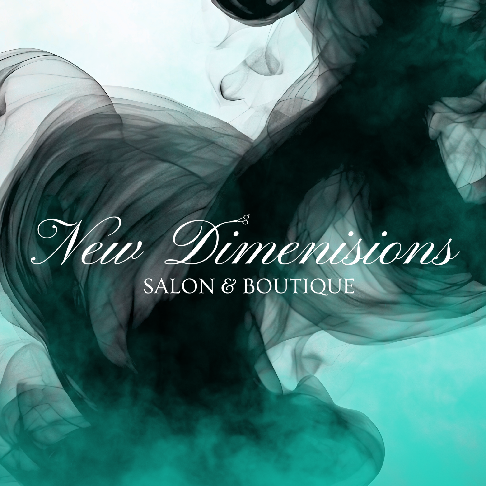 Logo for New Dimensions Full Service Salon & Women’s Boutique in Fort Madison, Iowa, featuring a modern, sleek design with a scissors icon in black, white, teal, and smoke colors, reflecting a professional and stylish aesthetic.