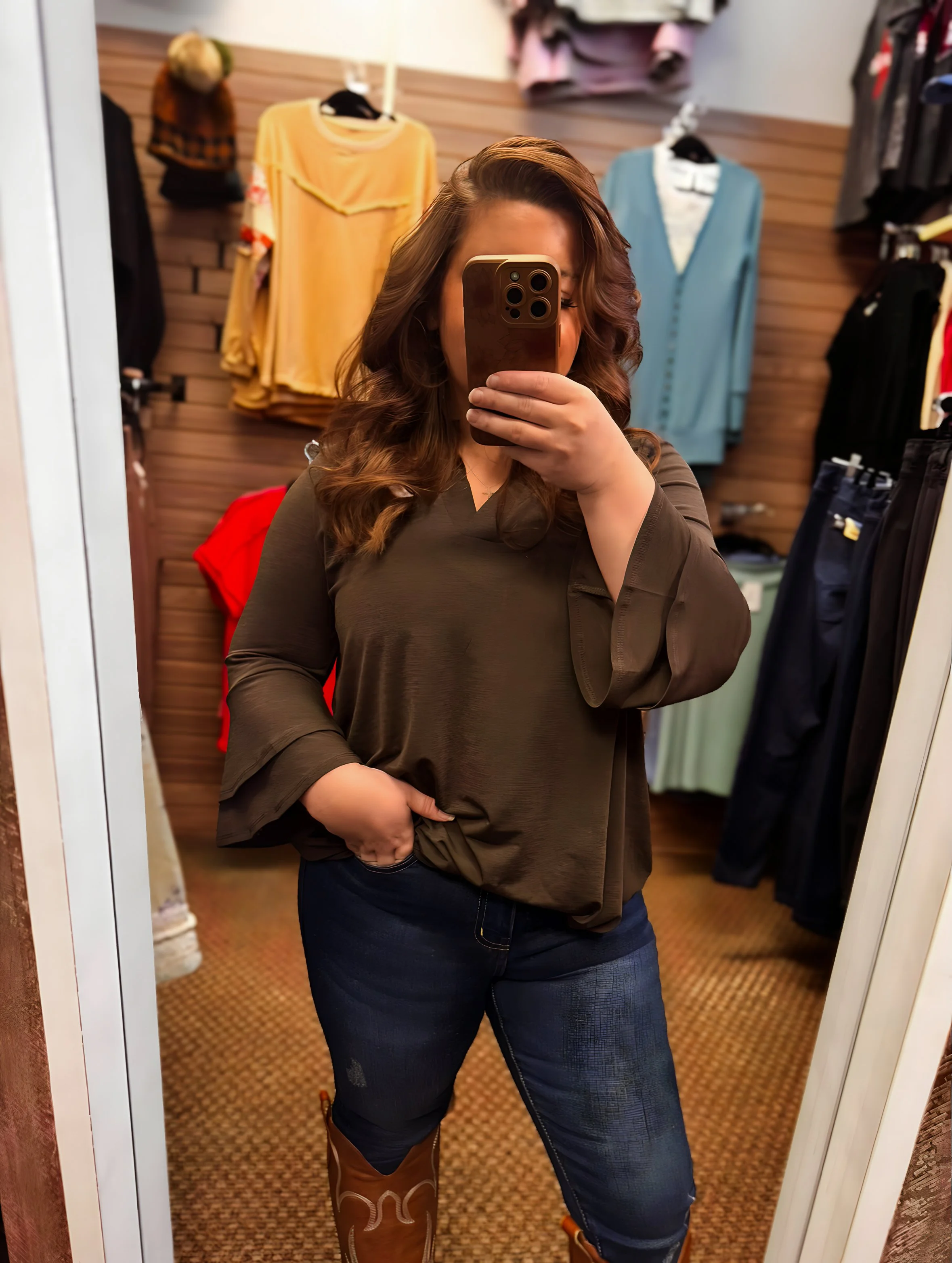 Belled 3/4 Sleeve Brown Blouse