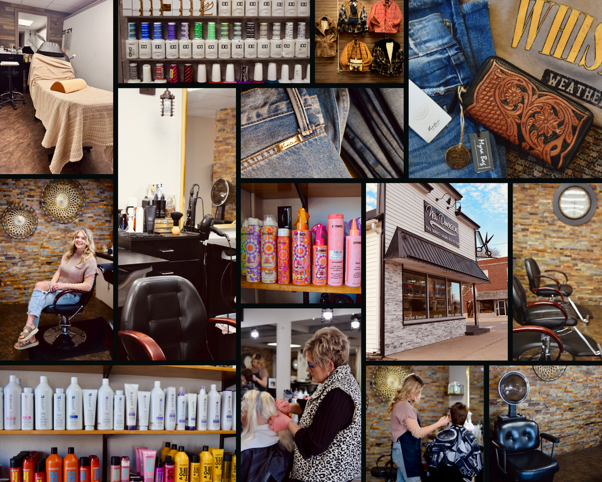 Collage of images showing a hair salon interior and exterior, including a treatment chair, hair products on shelves, a stylist working with a client, various hair styling tools, salon decor, and the outside storefront.