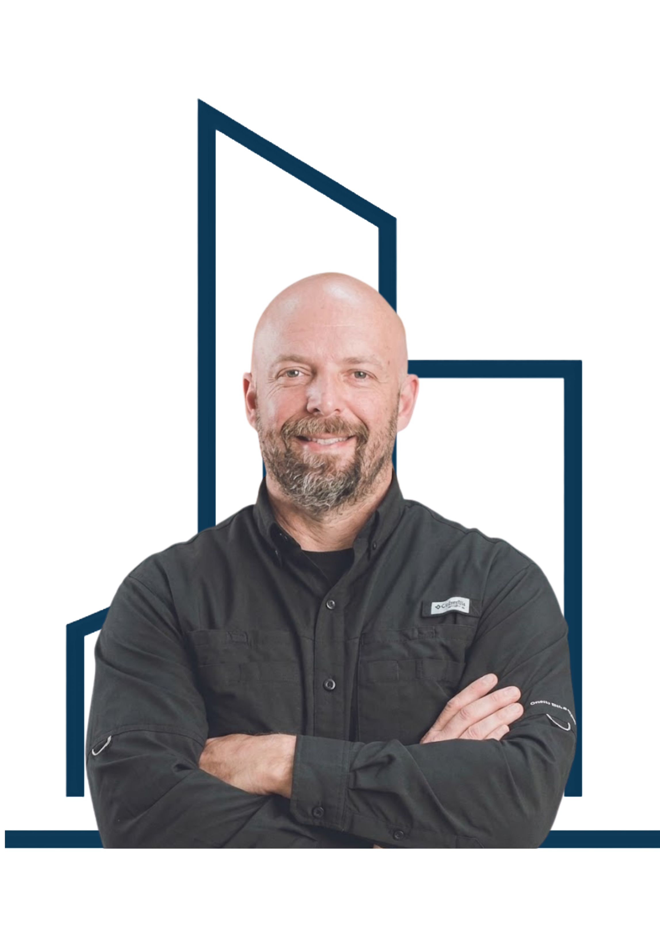 A man with a bald head, beard, and crossed arms, wearing a black chef jacket, standing in front of a white background with blue geometric lines.