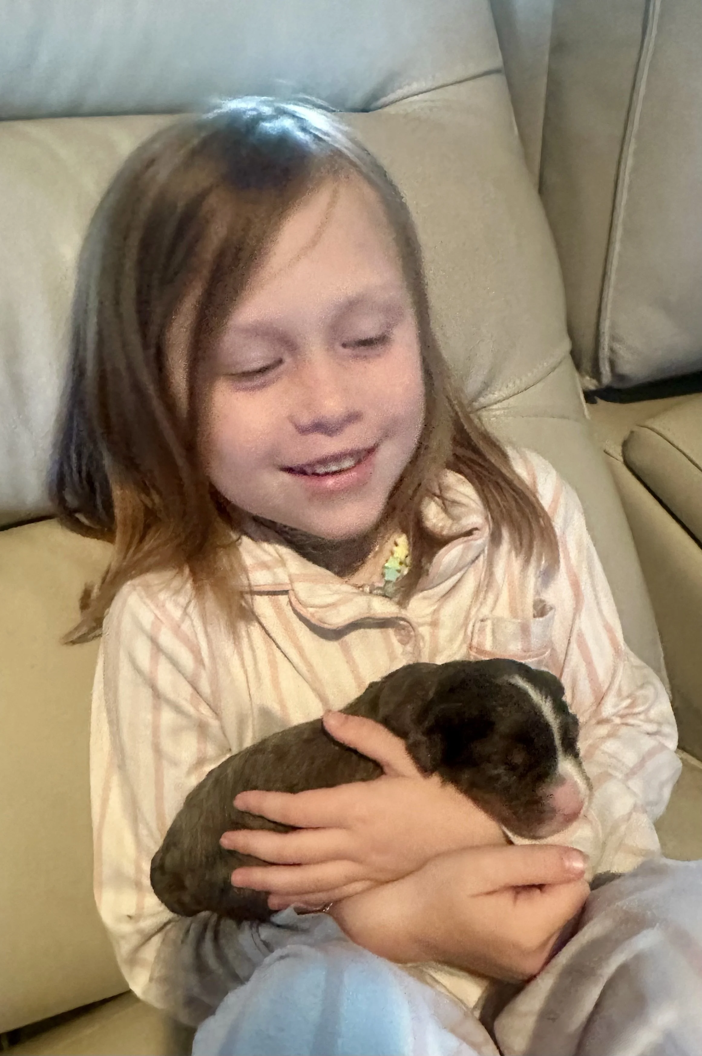 A young girl with brown hair sitting on a beige couch, holding a small black and white puppy in her arms, smiling with closed eyes.