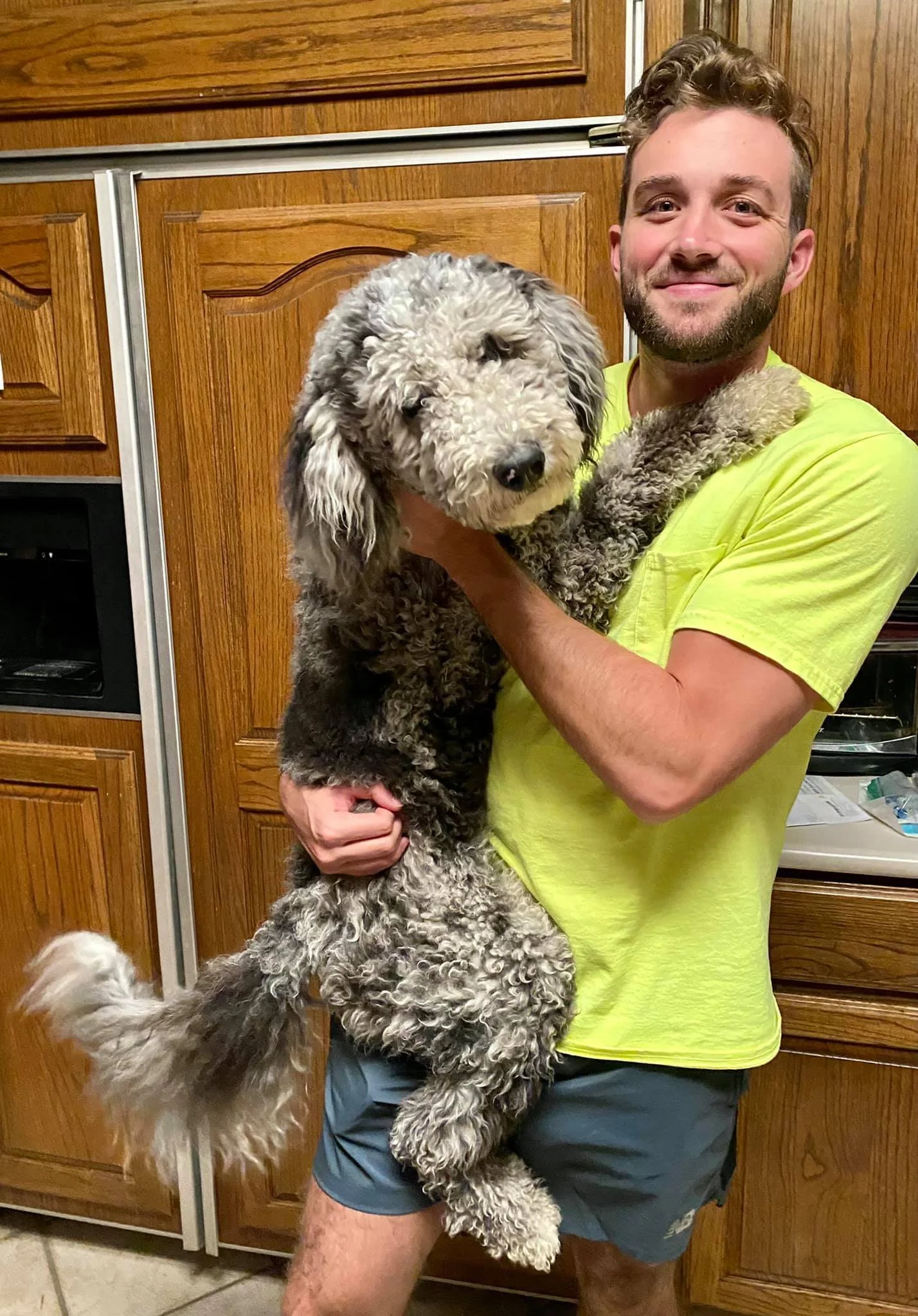 A man in a yellow shirt holding a large curly-haired dog in a kitchen with wooden cabinets.