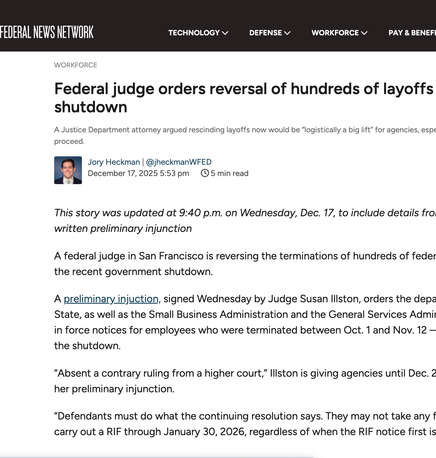 Federal Judge Orders Reinstatement of Employees RIF’d by Four Agencies During Shutdown