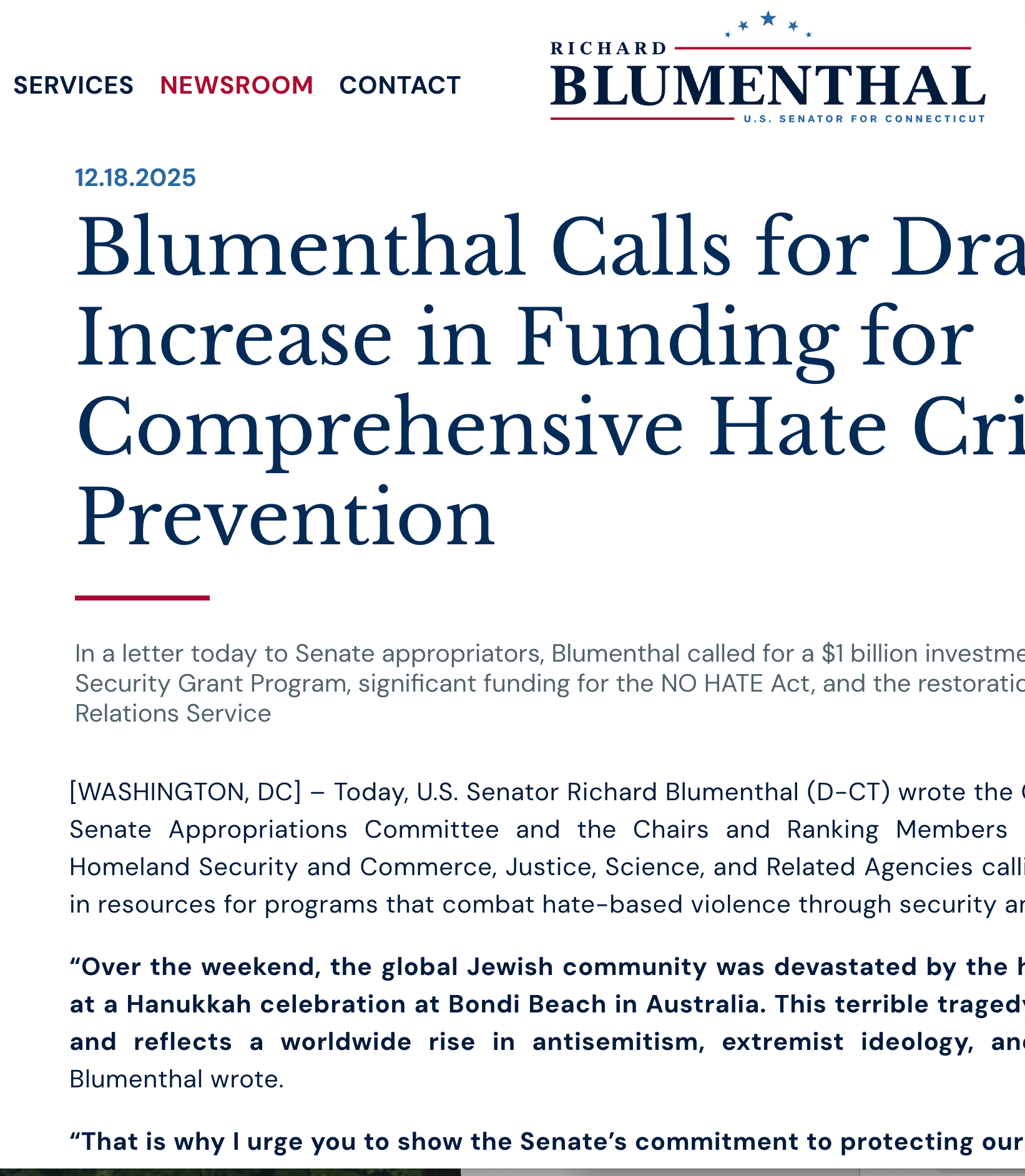 Senator Blumenthal Calls for Restoration of CRS