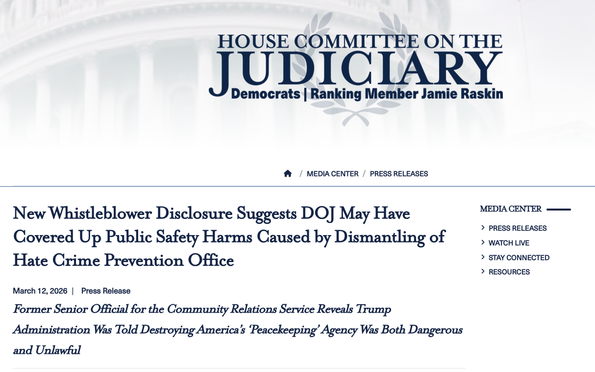 Rep. Jamie Raskin Announces “New Whistleblower Disclosure Suggests DOJ May Have Covered Up Public Safety Harms Caused by Dismantling of Hate Crime Prevention Office”