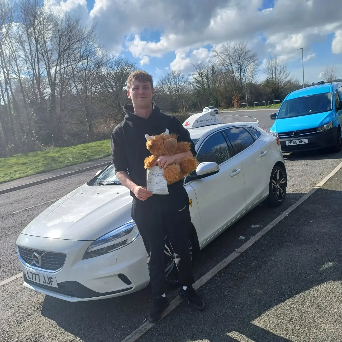 Congratulations 🎉 To Ed on passing his driving test today, he did very well and all the hard work and time has paid off. His driving instructor was Jacob and he was very happy to have his picture with Hamish the Highland that sits in on many lessons