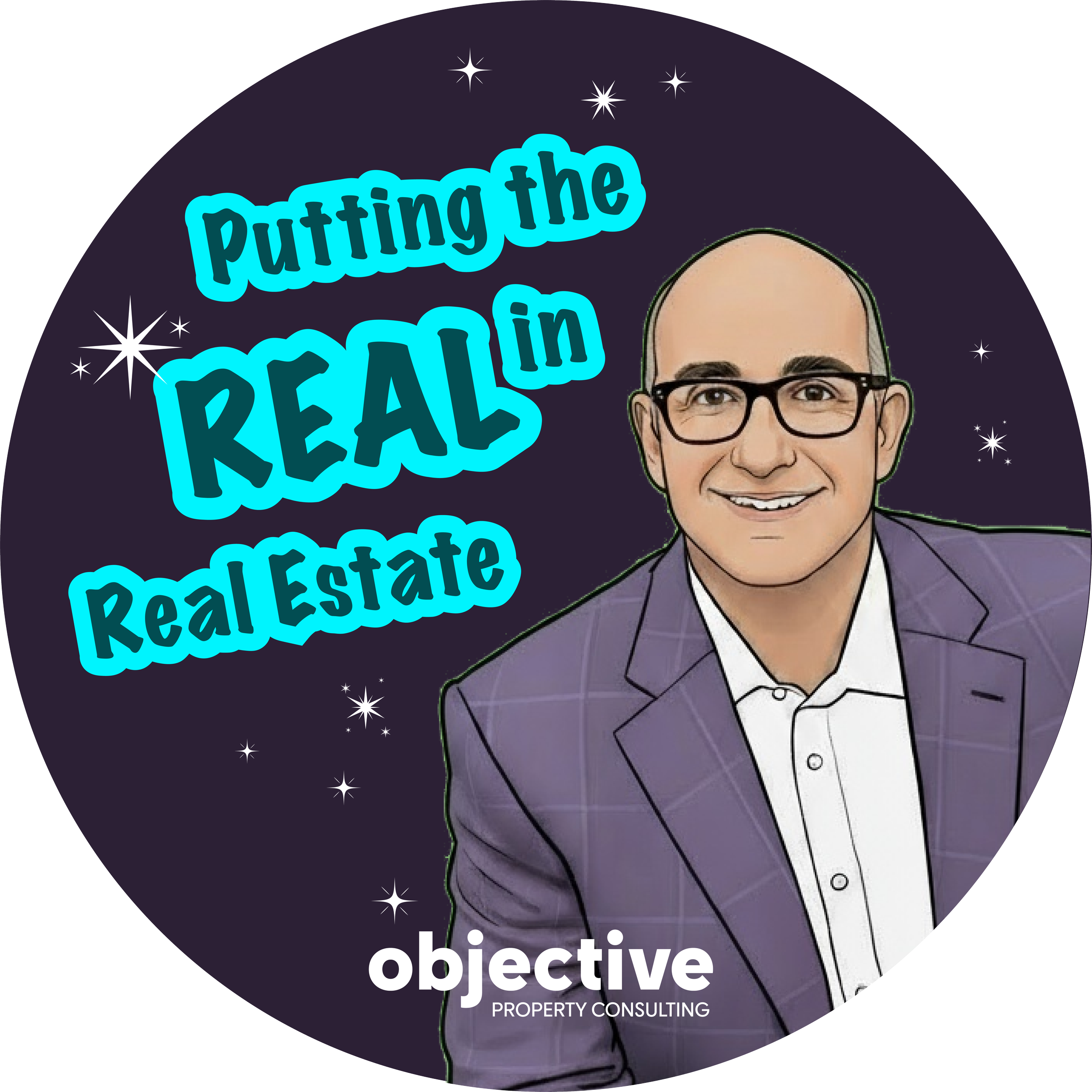 Illustration of founder Ben Rubin in a suit and glasses, with the text "putting the RE in RealEstate" and "objective property consulting" surrounded by stars on a dark background.