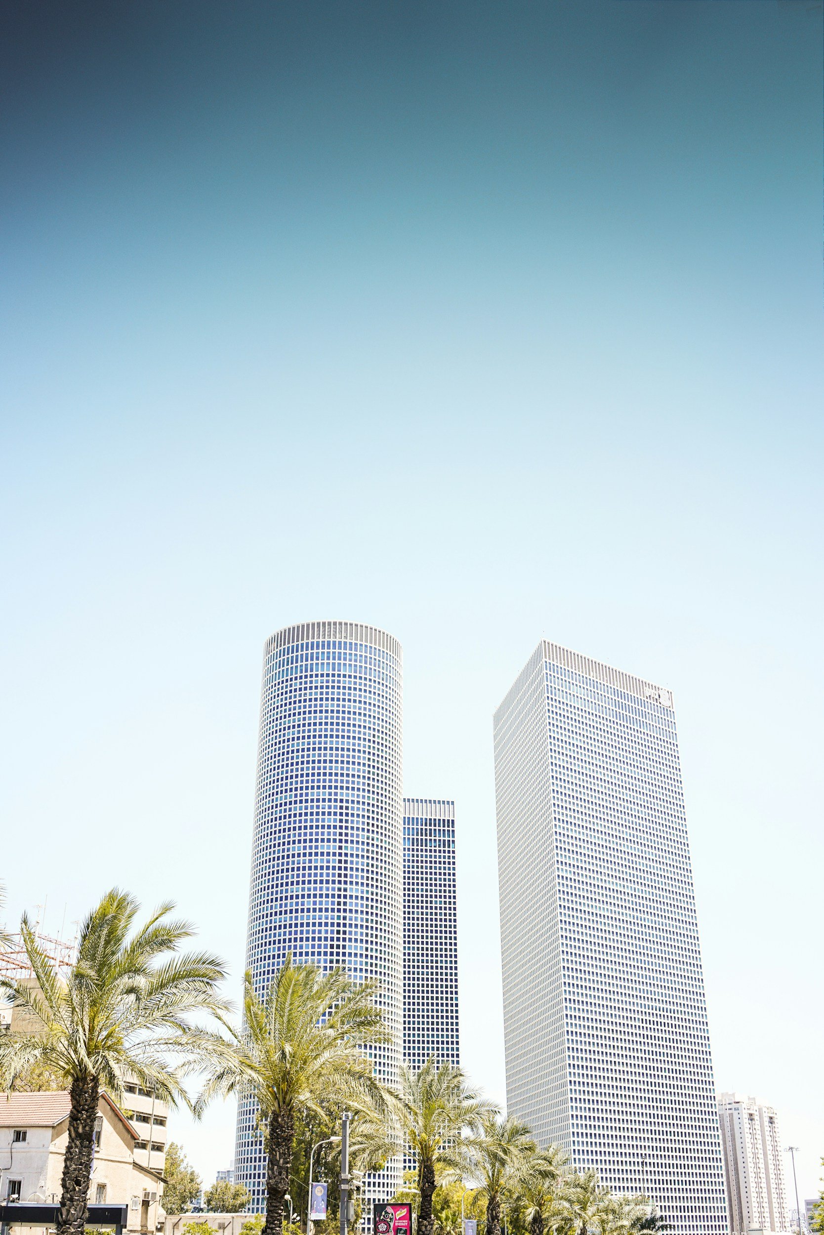 Tall modern skyscrapers with palm trees in the foreground under a clear blue sky.