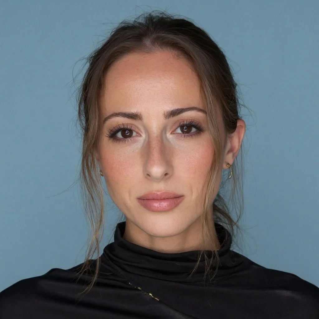 Close-up portrait of a woman with brown hair, brown eyes, wearing a black turtleneck, earrings, against a blue background.