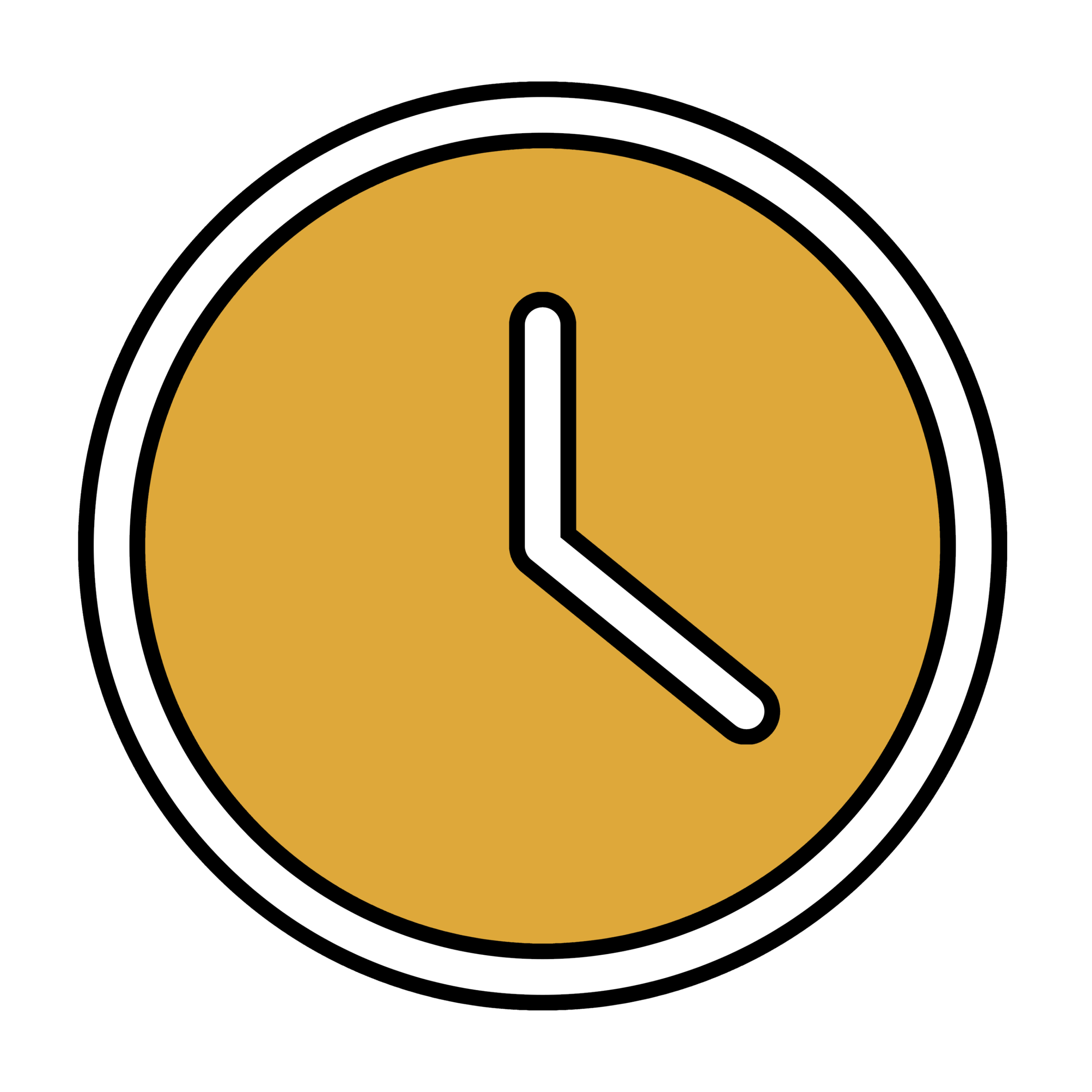A round clock with a yellow face, black hour and minute hands, and a white and black outline, set against a black background.