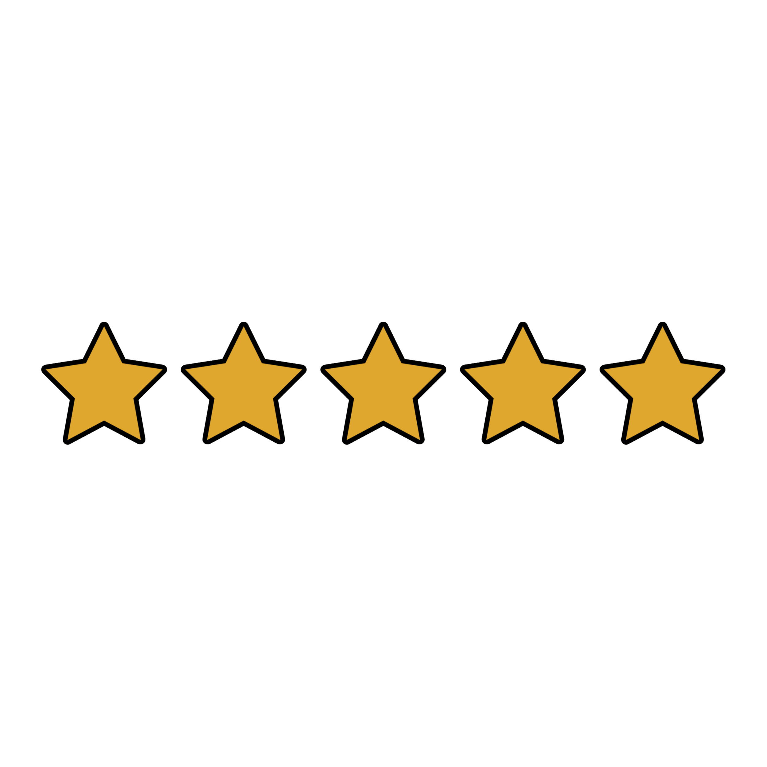 Five gold stars in a row on a black background, representing a five-star rating.