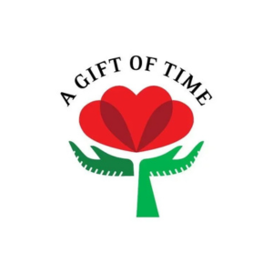 A red flower with green leaves and a stem, accompanied by the text 'A Gift of Time' in a curved arrangement.