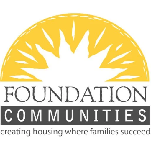 Logo for Foundation Communities with a yellow semi-circular sun and black text that says "FOUNDATION COMMUNITIES" and the tagline "creating housing where families succeed."