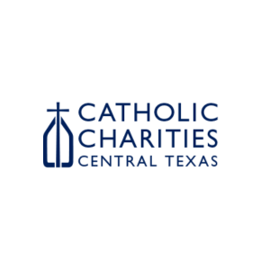 Logo of Catholic Charities Central Texas featuring a cross and a stylized outline of a house or church.