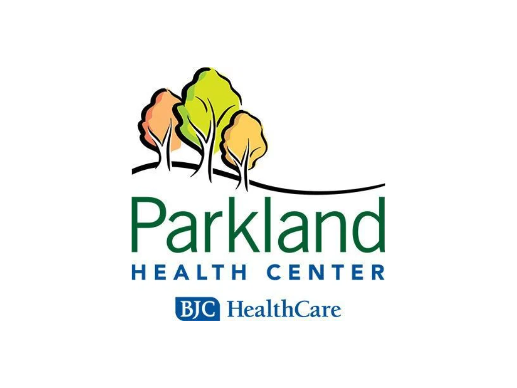 Logo for Parkland Health Center, featuring a stylized illustration of four trees with colorful leaves, the text 'Parkland' in green, 'Health Center' in blue, and 'BJC HealthCare' in white on a blue background.