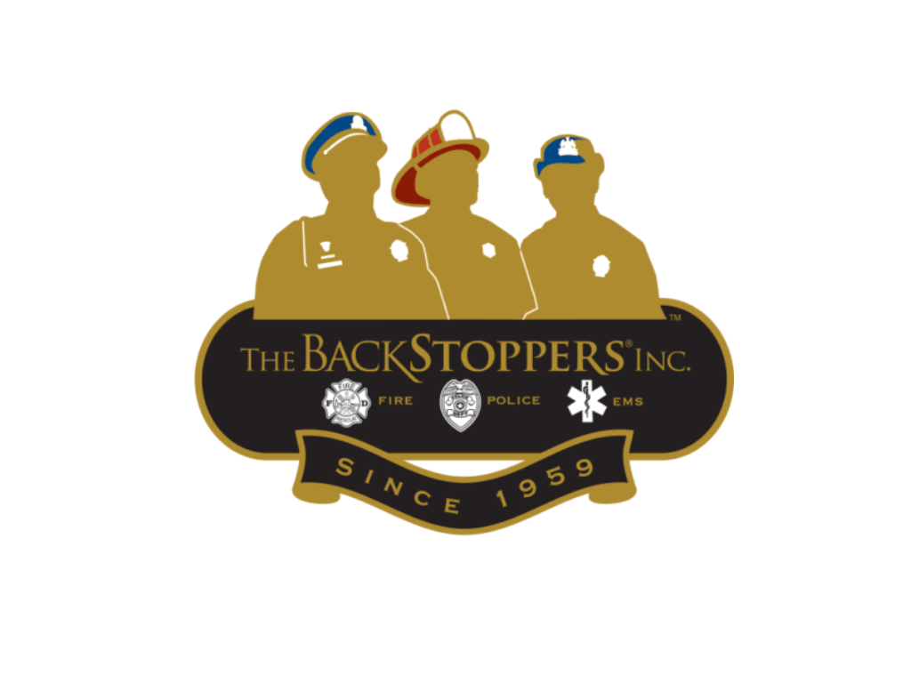 Logo for The BackStoppers Inc., featuring silhouettes of three emergency responders: a firefighter, a police officer, and an EMS worker, with symbols of fire, police, and EMS, and text indicating since 1959.