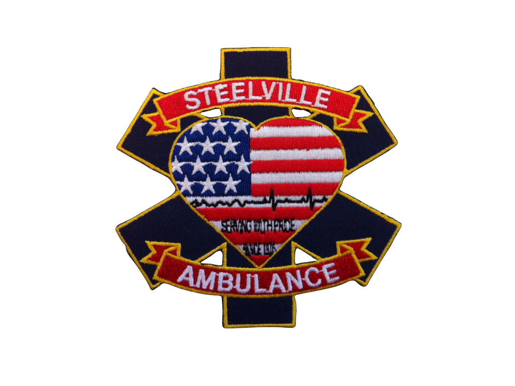 Patch of Steelville Ambulance with American flag heart and emergency symbols.