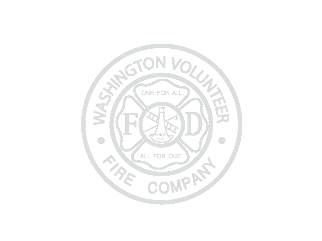 Faded logo of Washington Volunteer Fire Company with a fire hydrant, ladder, and slogan 'One for All, All for One'.