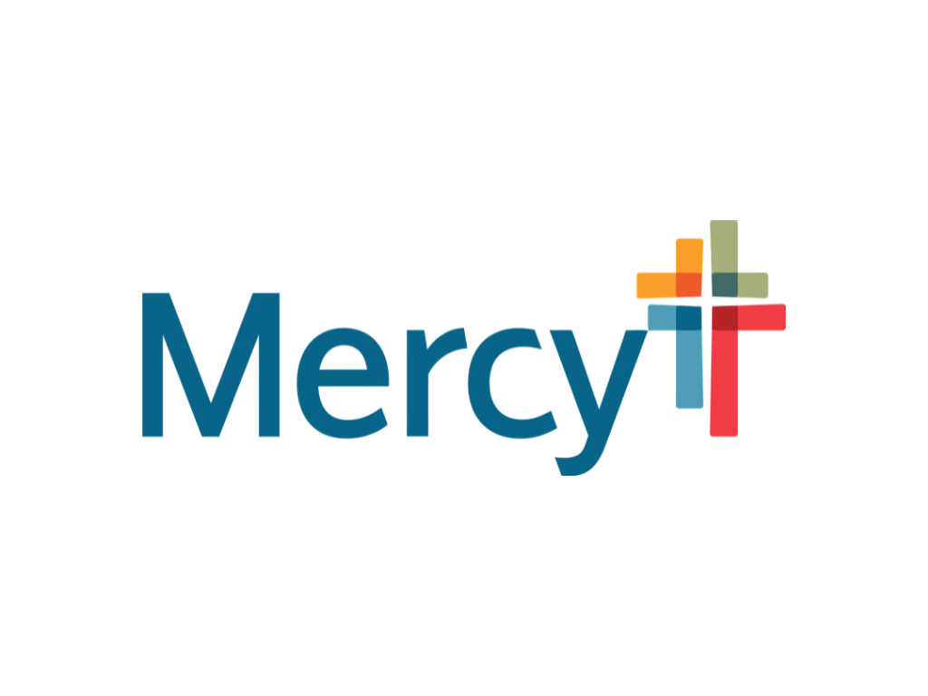 The word 'Mercy' with a multicolored cross made of rectangular blocks to the right of the text.