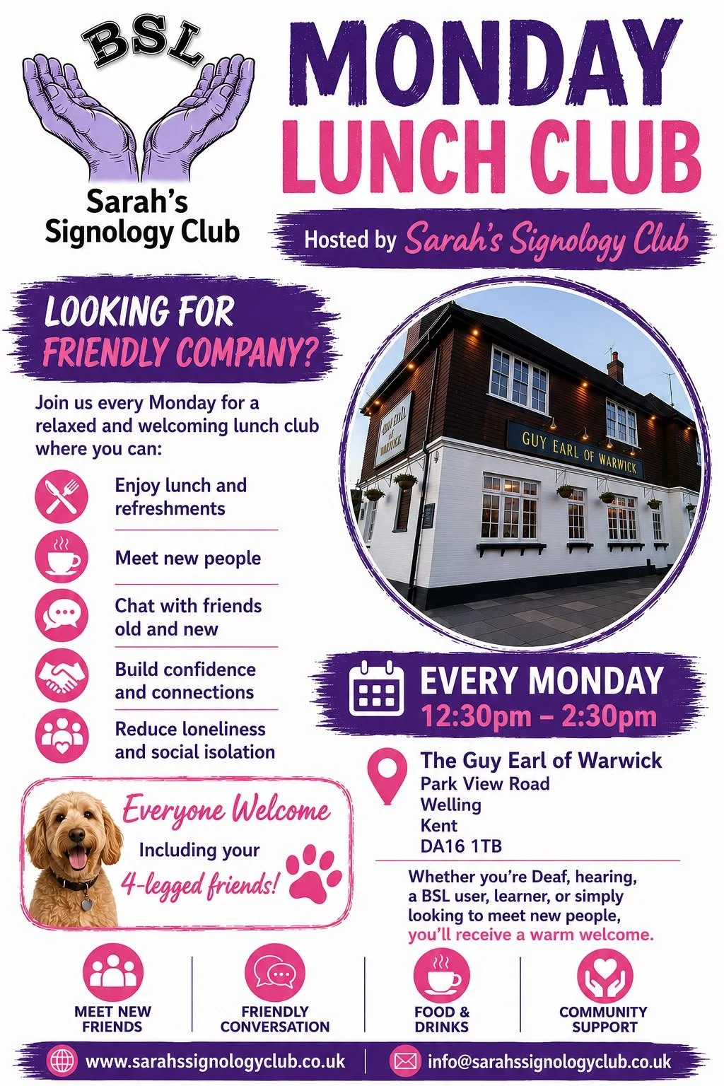 Image shows a picture of the Monday Lunch Club with the Sarah's Signology Club logo, and the front of the Guy Earl of Warwick Pub.