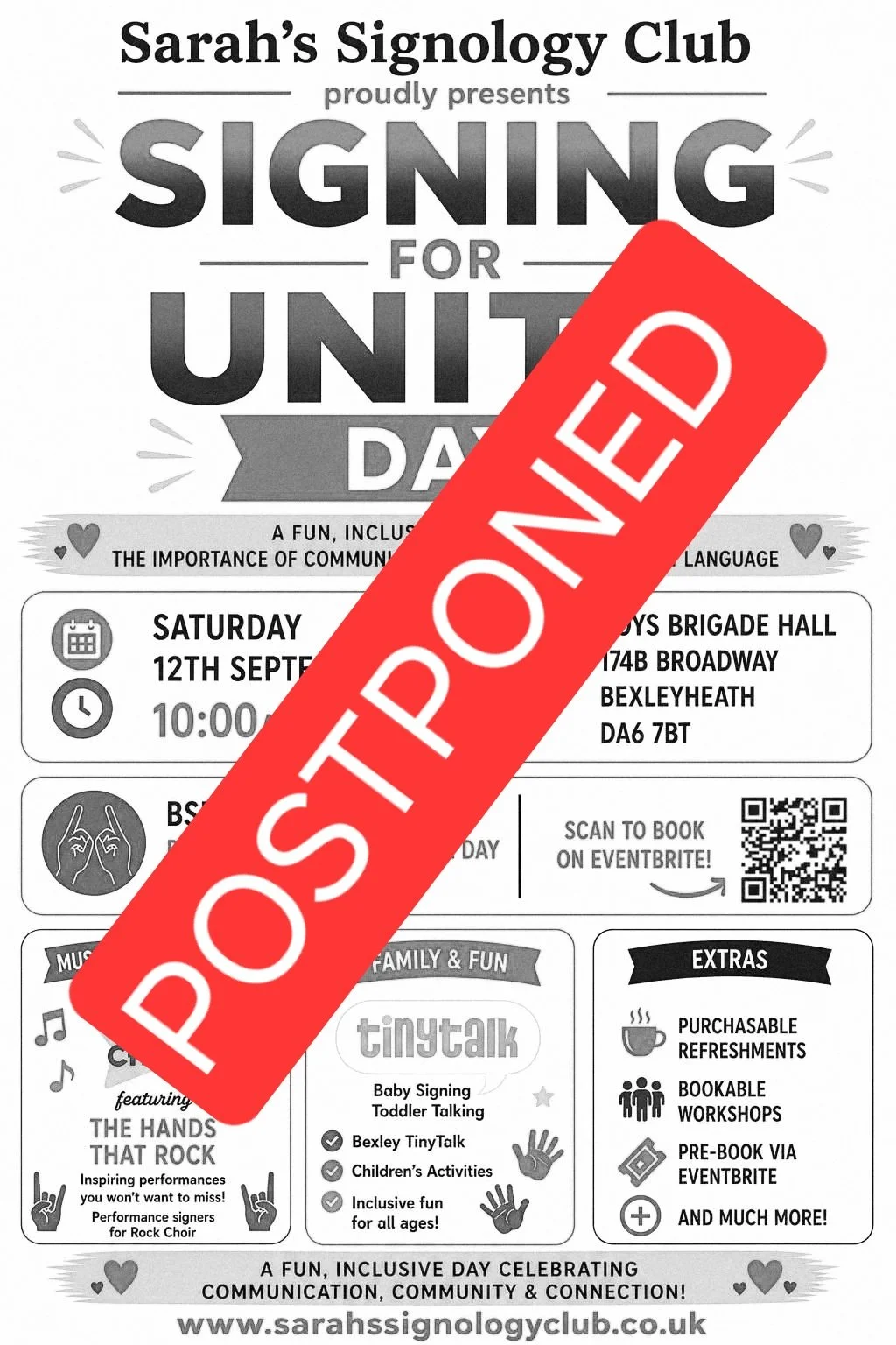 Image shows a poster for the event in grey, with the word Postponed in red..