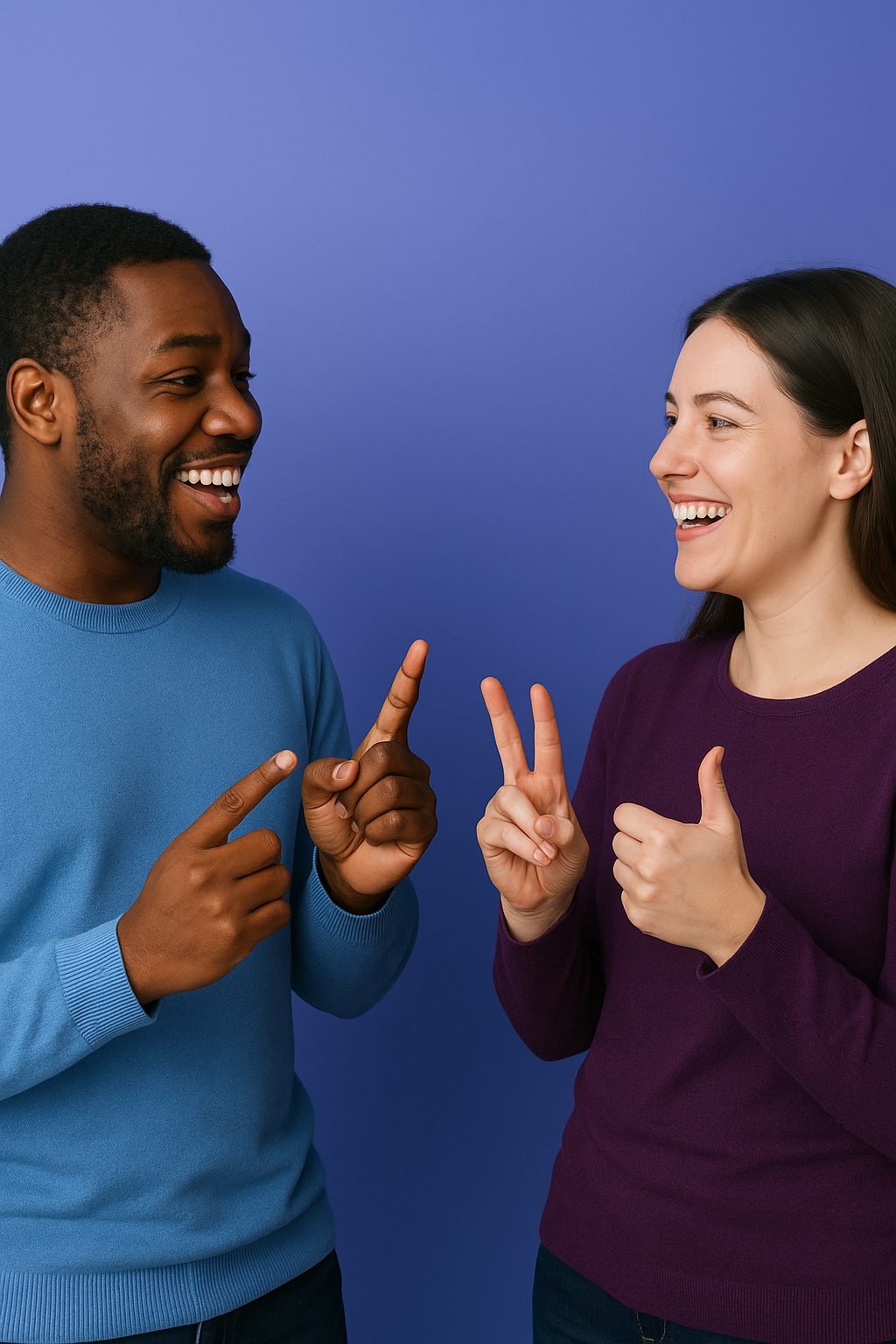 The image shows a man and a woman facing each other. They are both smiling, having an animated conversation in BSL.