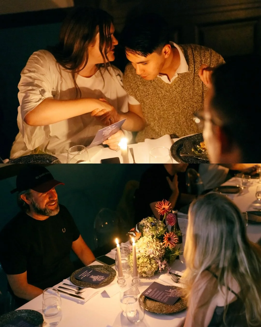 Two different dinner scenes: The top shows a woman and a man at a candlelit dinner, with the woman handing something to the man. The bottom shows a man and a woman at a dinner table decorated with flowers and lit candles, engaged in conversation.