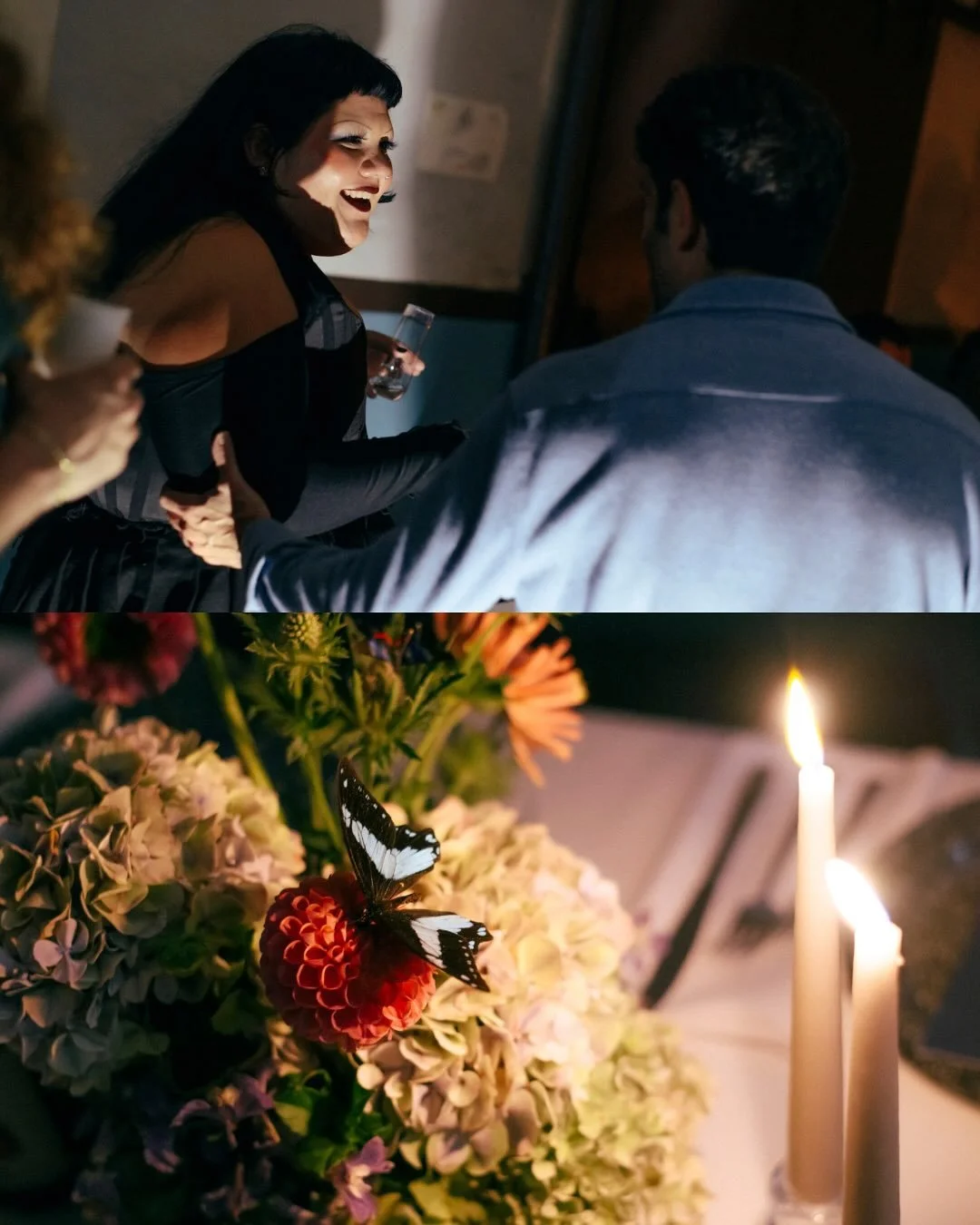 A woman smiling and holding a glass of wine at a social gathering, with a man sitting nearby. The lower part shows a close-up of a floral arrangement with hydrangeas and a butterfly, along with lit candles on a table.