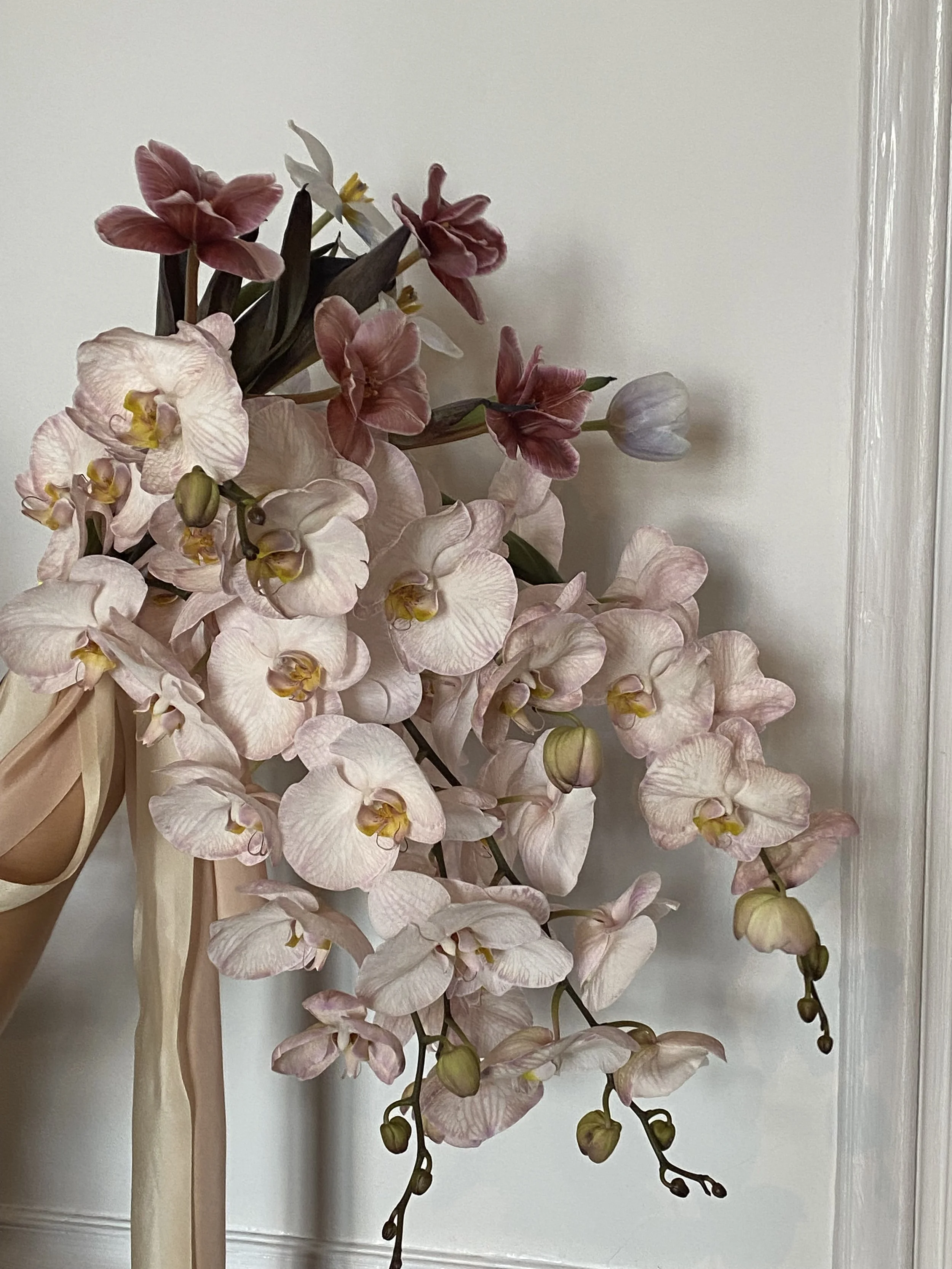 Bouquet of light pink orchids with some unopened buds, tied with a beige ribbon, against a white wall.