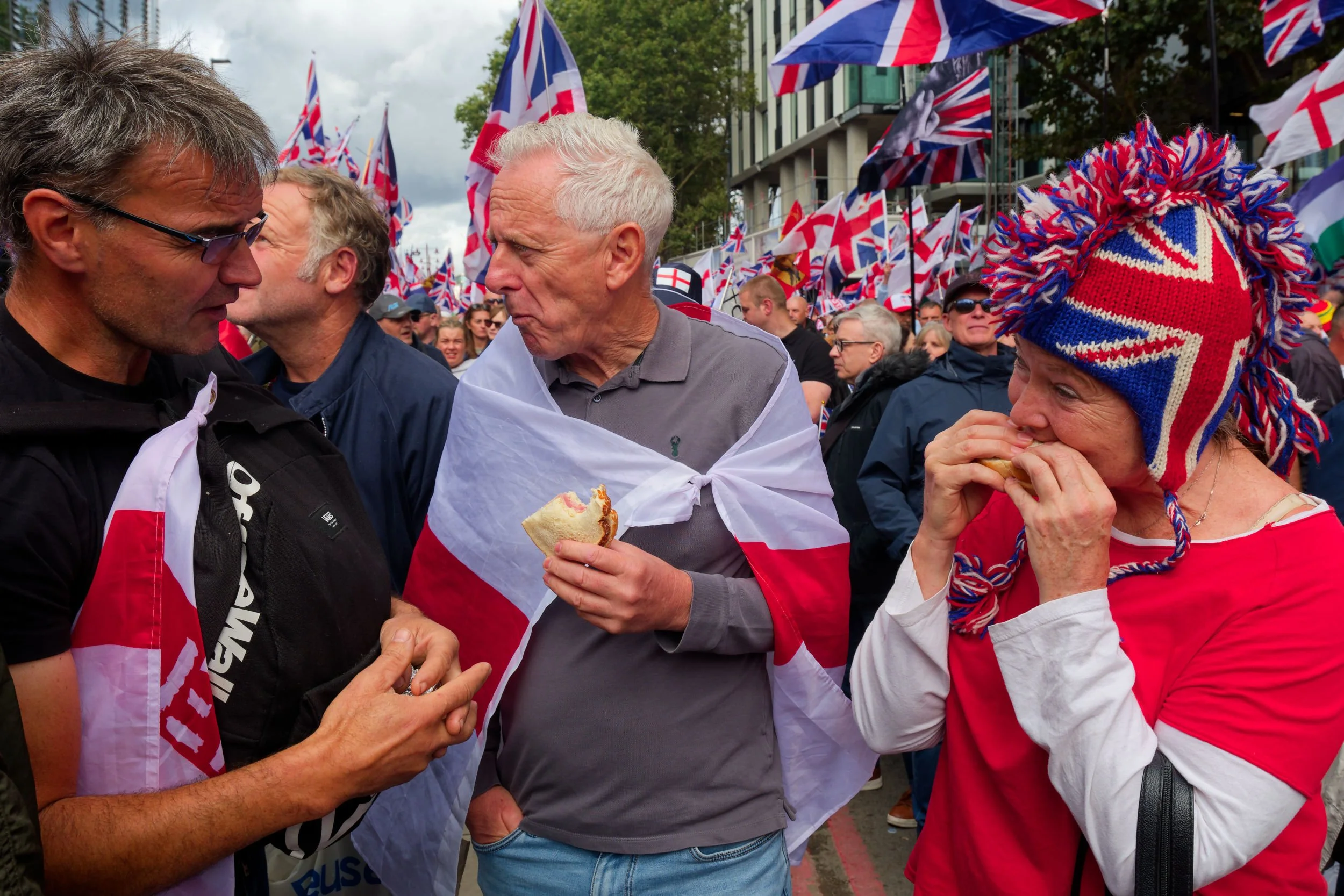 Eating sandwiches at the Unite the Kingdom march in London.