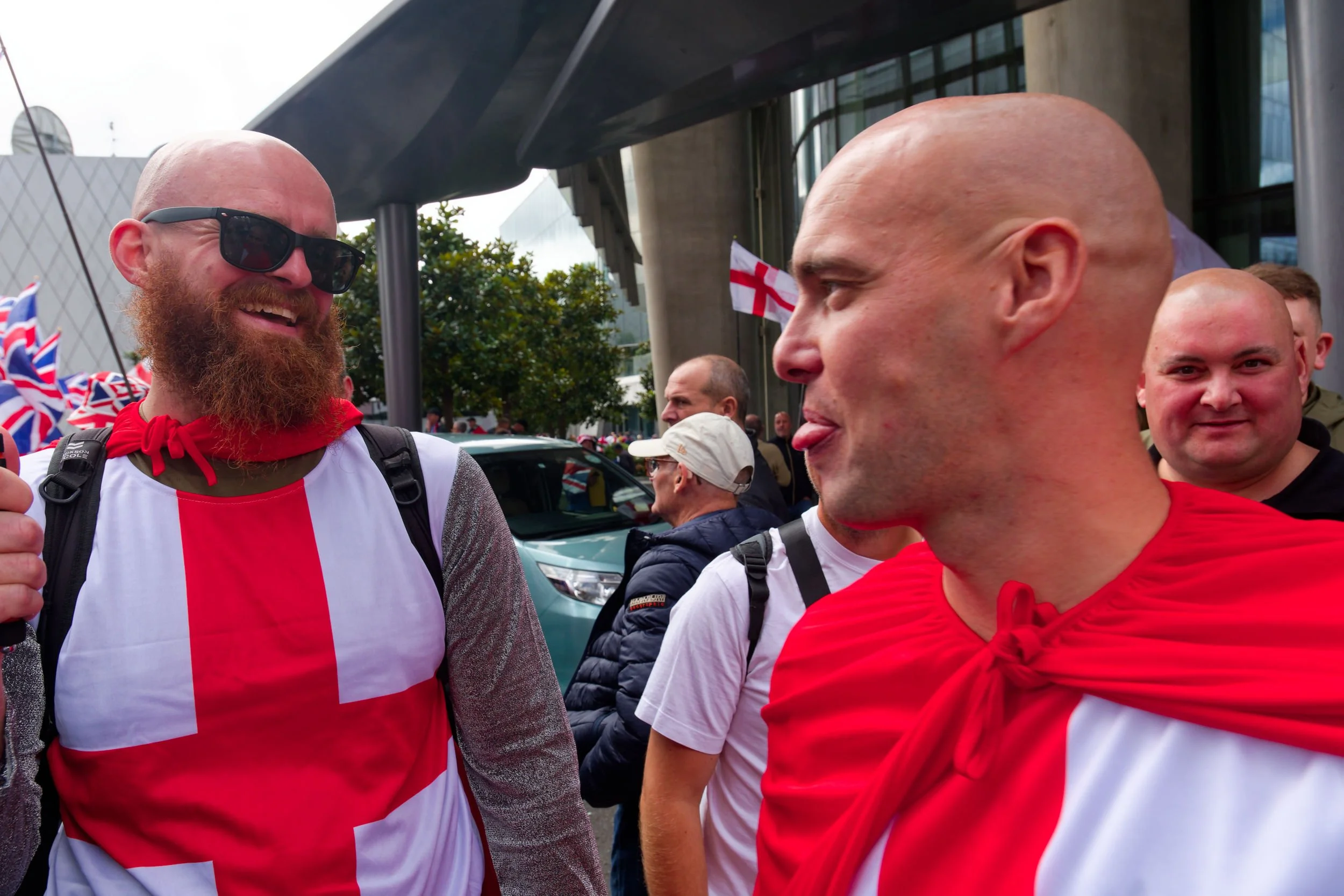 Two knights joking around at the Unite the Kingdom march.