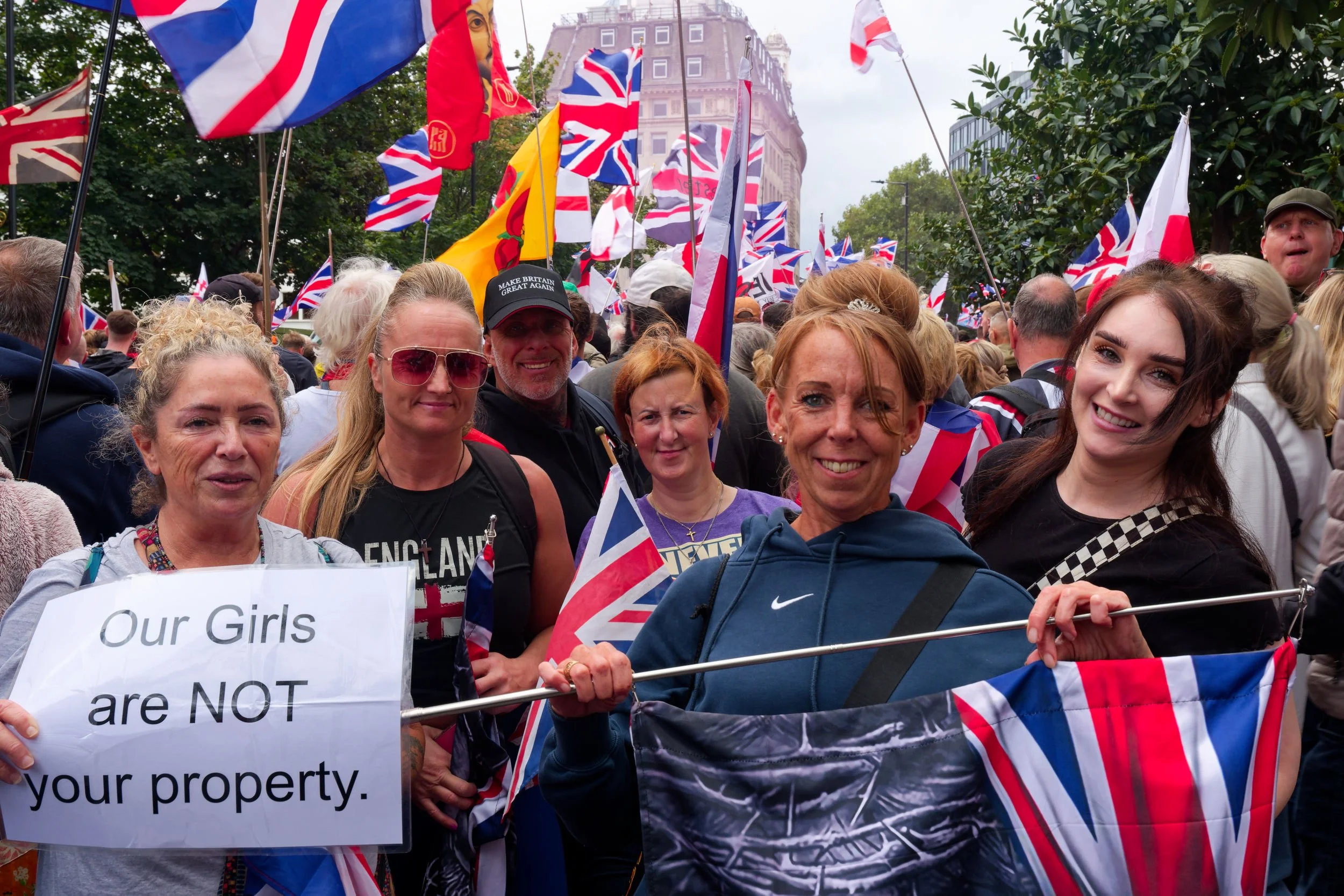 Group of women with Unite the Kingdom rally, worried about their girls.