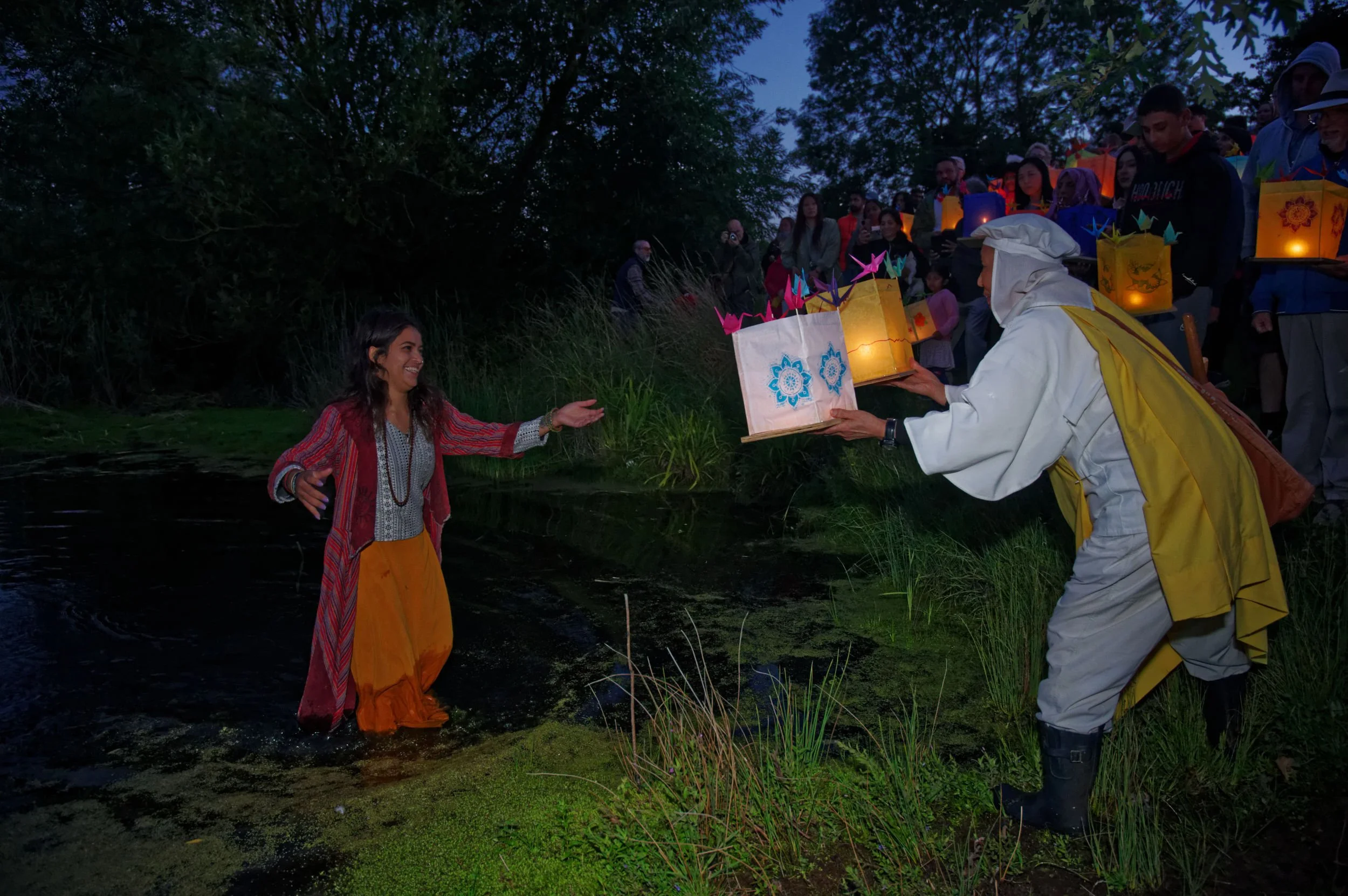Hiroshima Day Lanterns are taken out on to Willen lake, Milton Keynes.