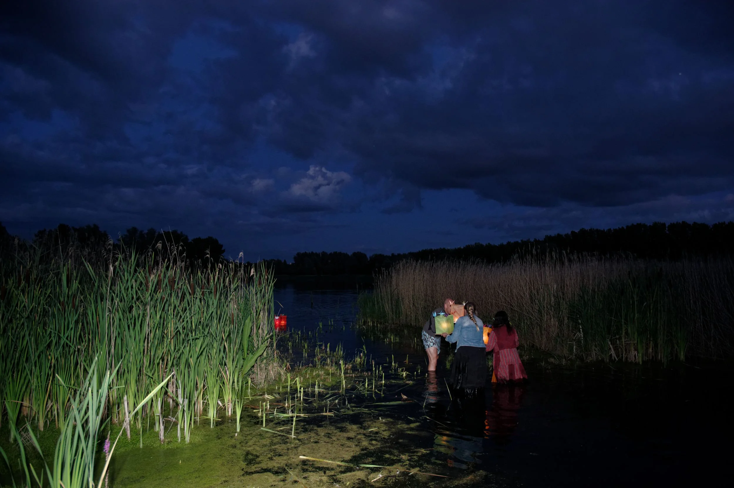 Peace Lanterns floating on Willen Lake, Milton Keynes, on Hiroshima Day.