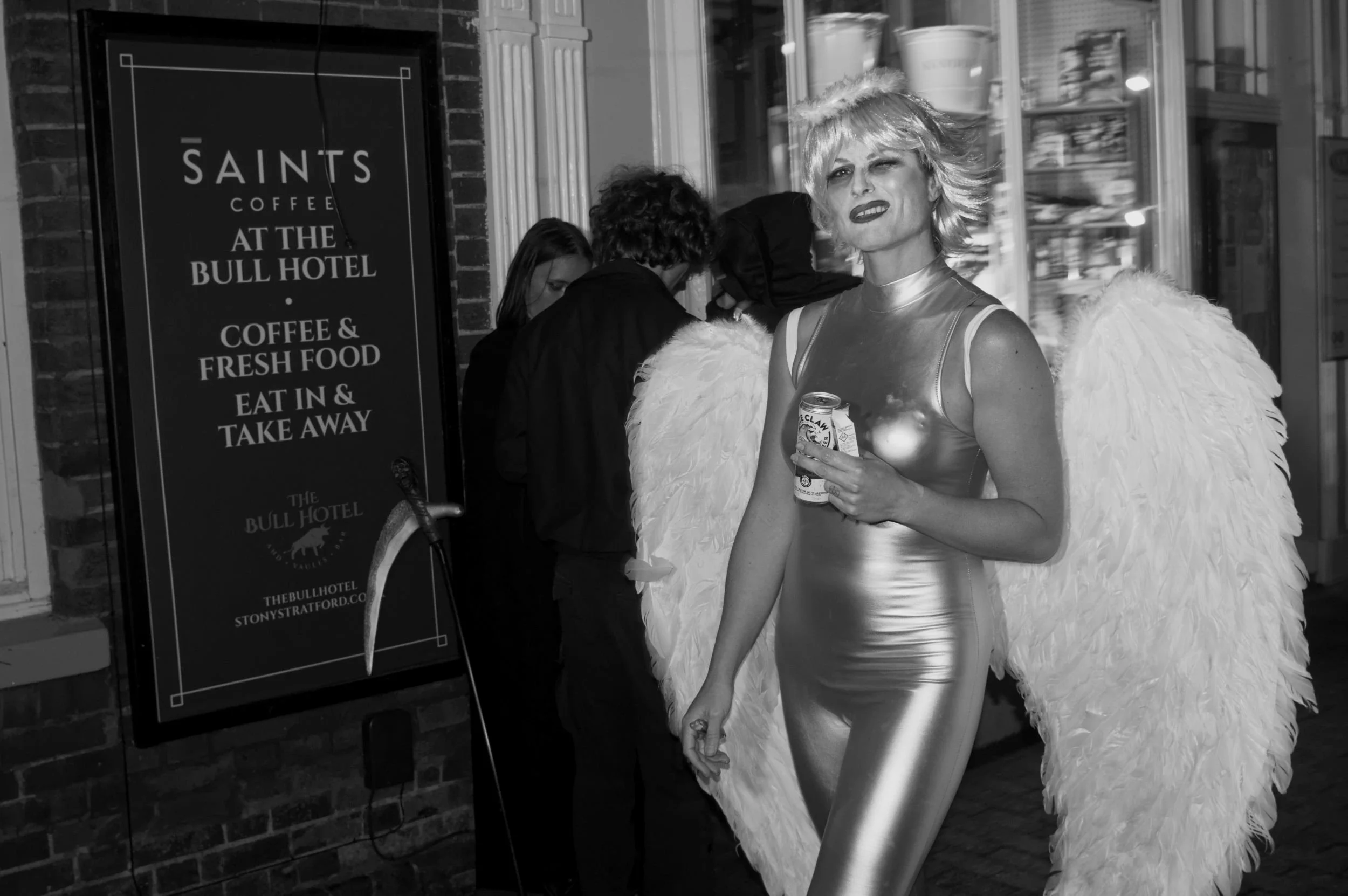 Fancy dress angel at the zombie pub crawl in Stony Stratford, Bucks.