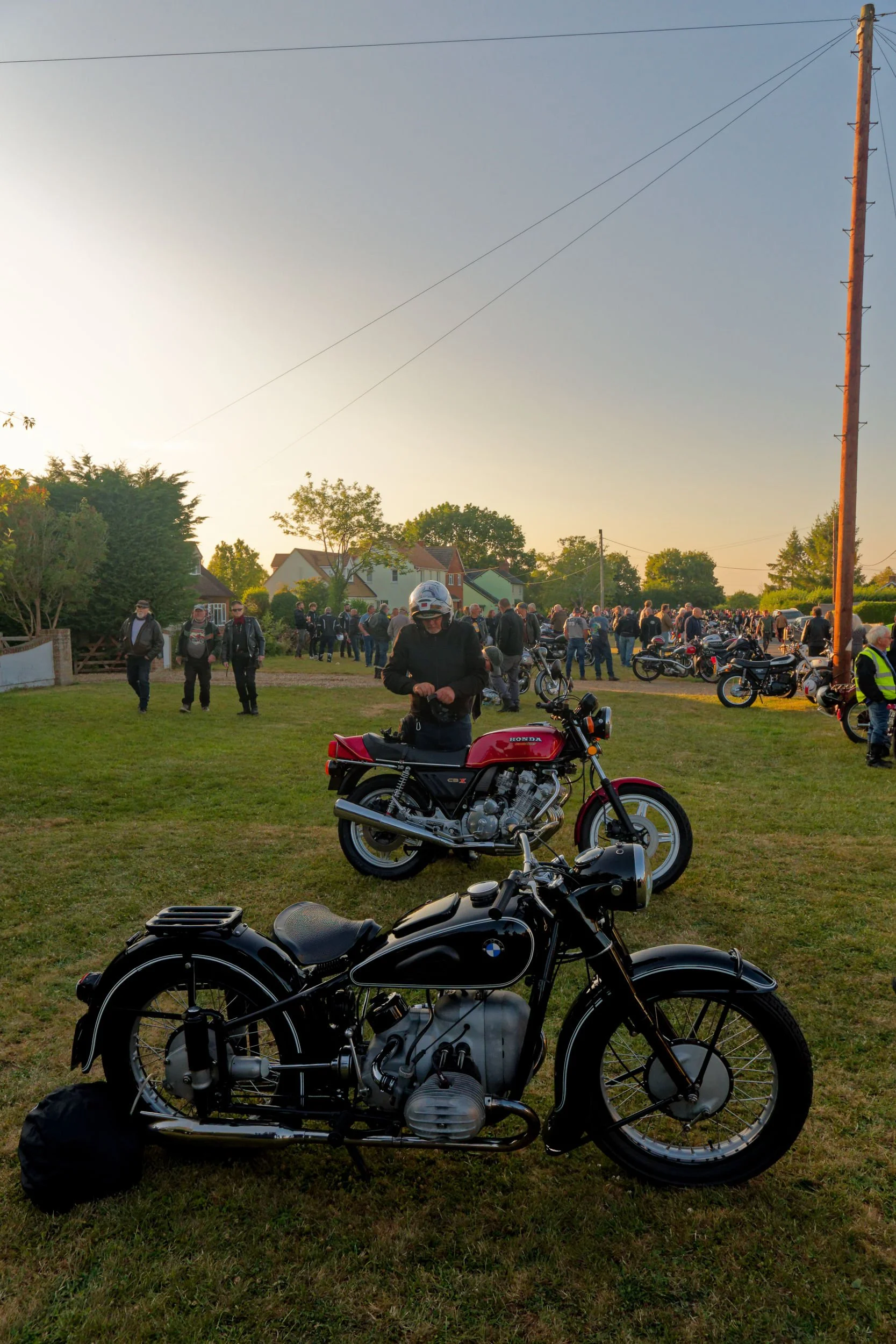Classic BMW and Honda CBX1000 motorcycles  parked on the grass at Ludgershall.