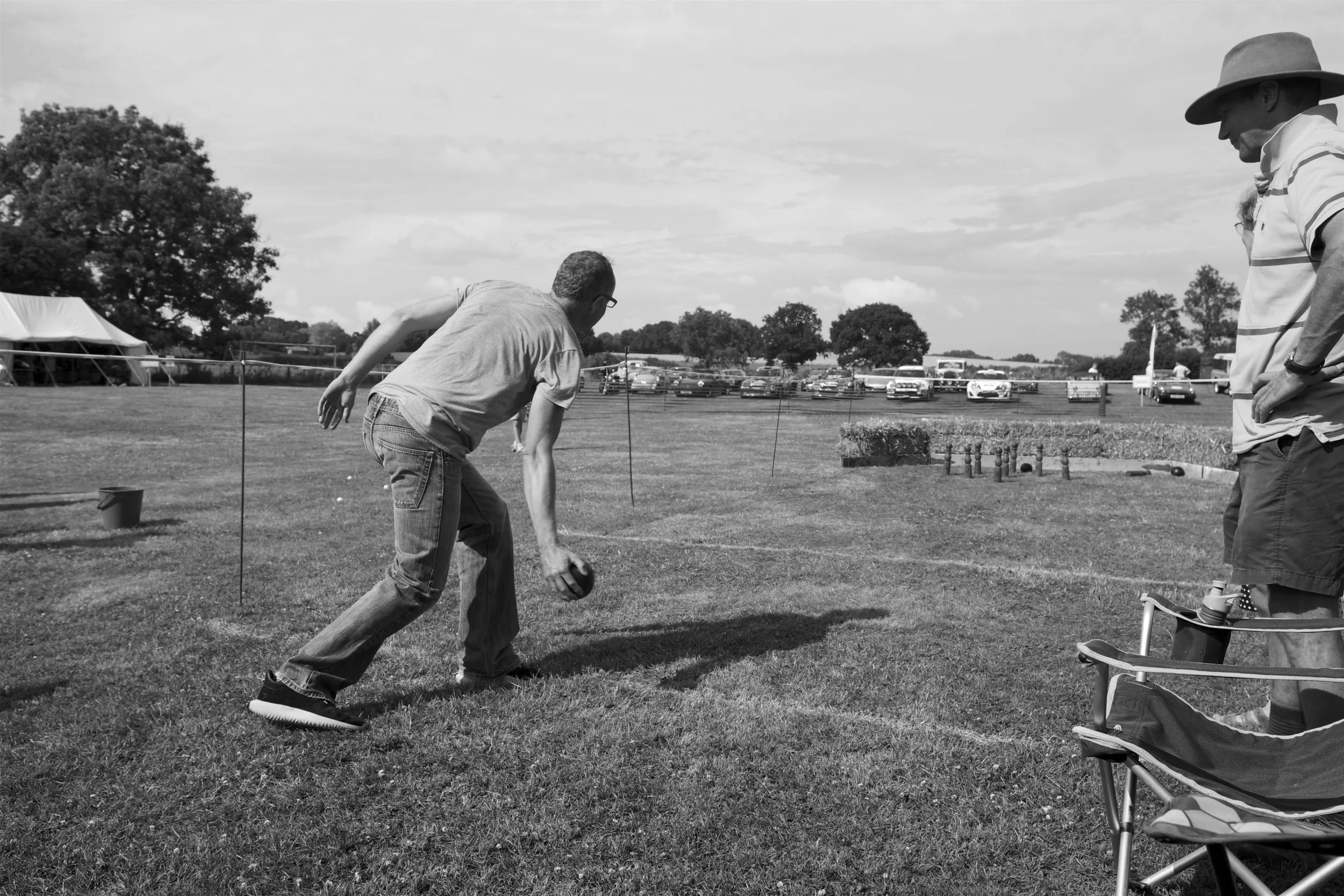 Bowling at the Little Horwood village fete, in black and white.