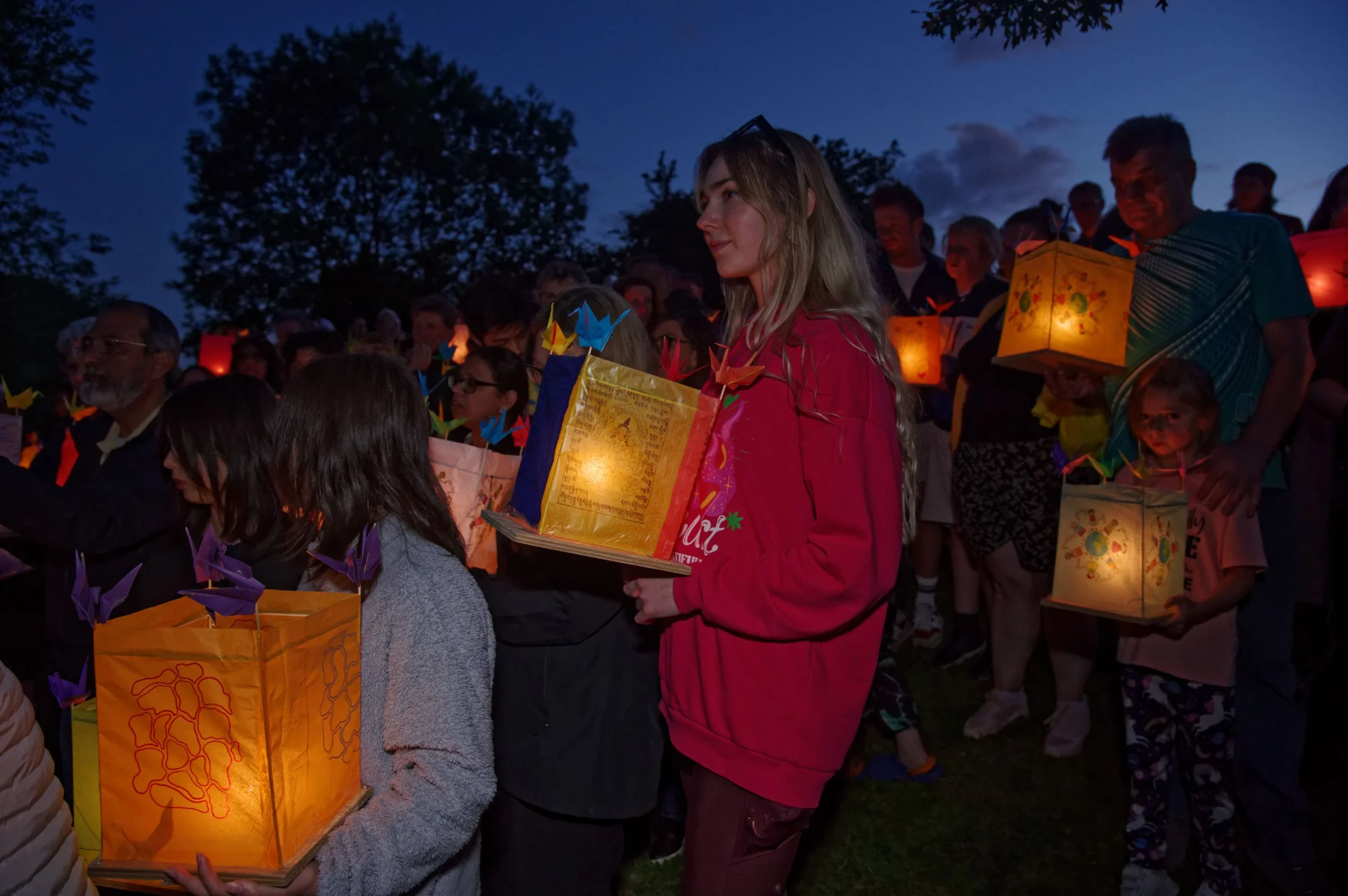 Hiroshima Day lanterns from the Peace Pagoda at Willen Lake, Milton Keynes.