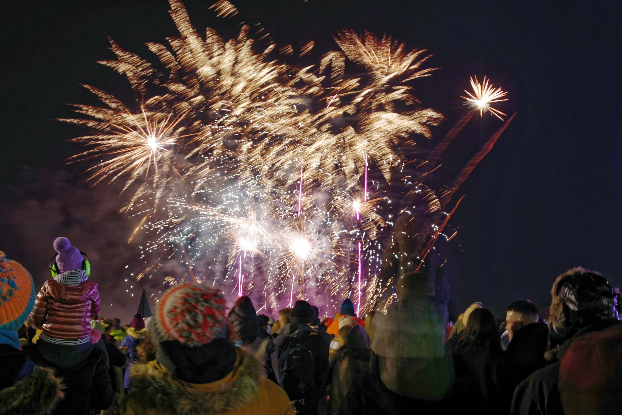 Adults and children watching a professional firework display in Milton Keynes.