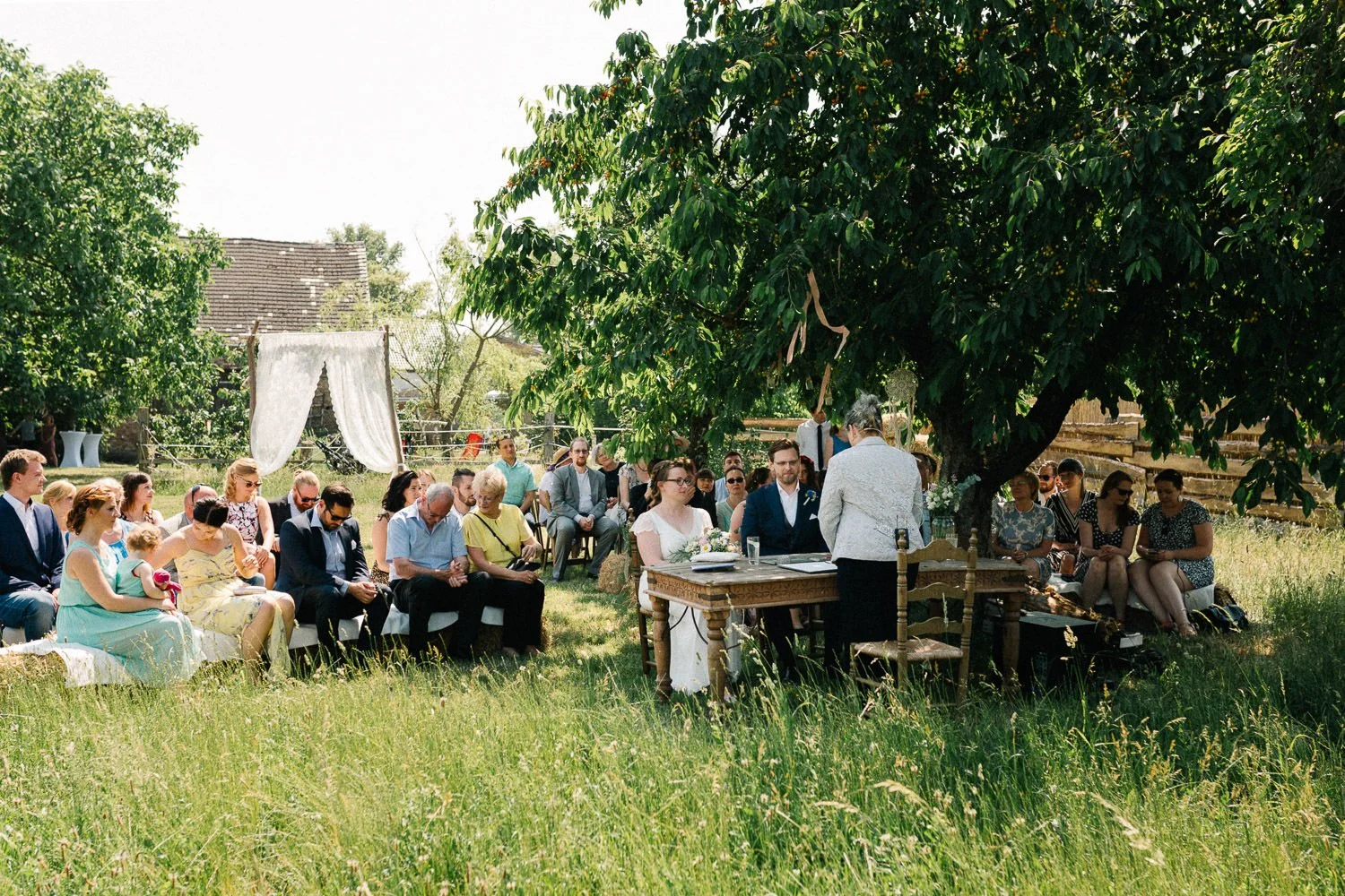 Trauung, Hochzeitspaar sitzt in Garten unter grünem Baum, Hochzeitsgäste sitzen dahinter