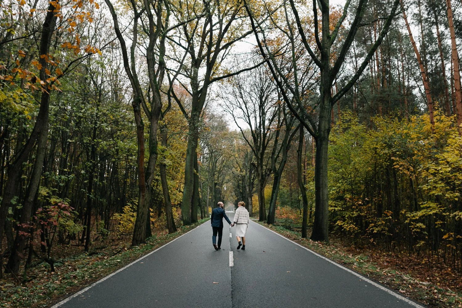 Brautpaar von hinten läuft herbstliche Landstraße entlang, Herbstfarben
