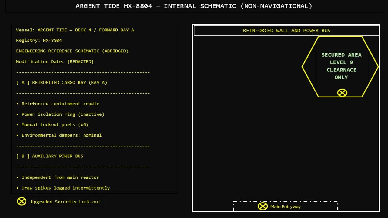 Corporate archive schematic of the Argent Tide cargo bay showing modular freight zones, structural reinforcement points, and controlled access areas.