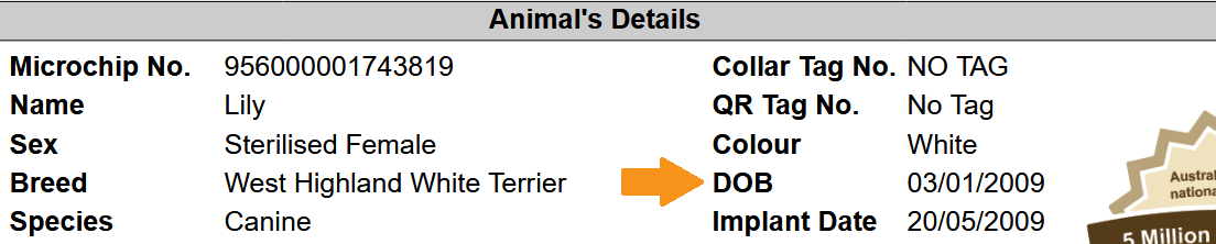 Excerpt from Lily’s official Certificate of Identification showing her date of birth as January 3, 2009 (Australian date format), breed West Highland White Terrier, and microchip and implant details.