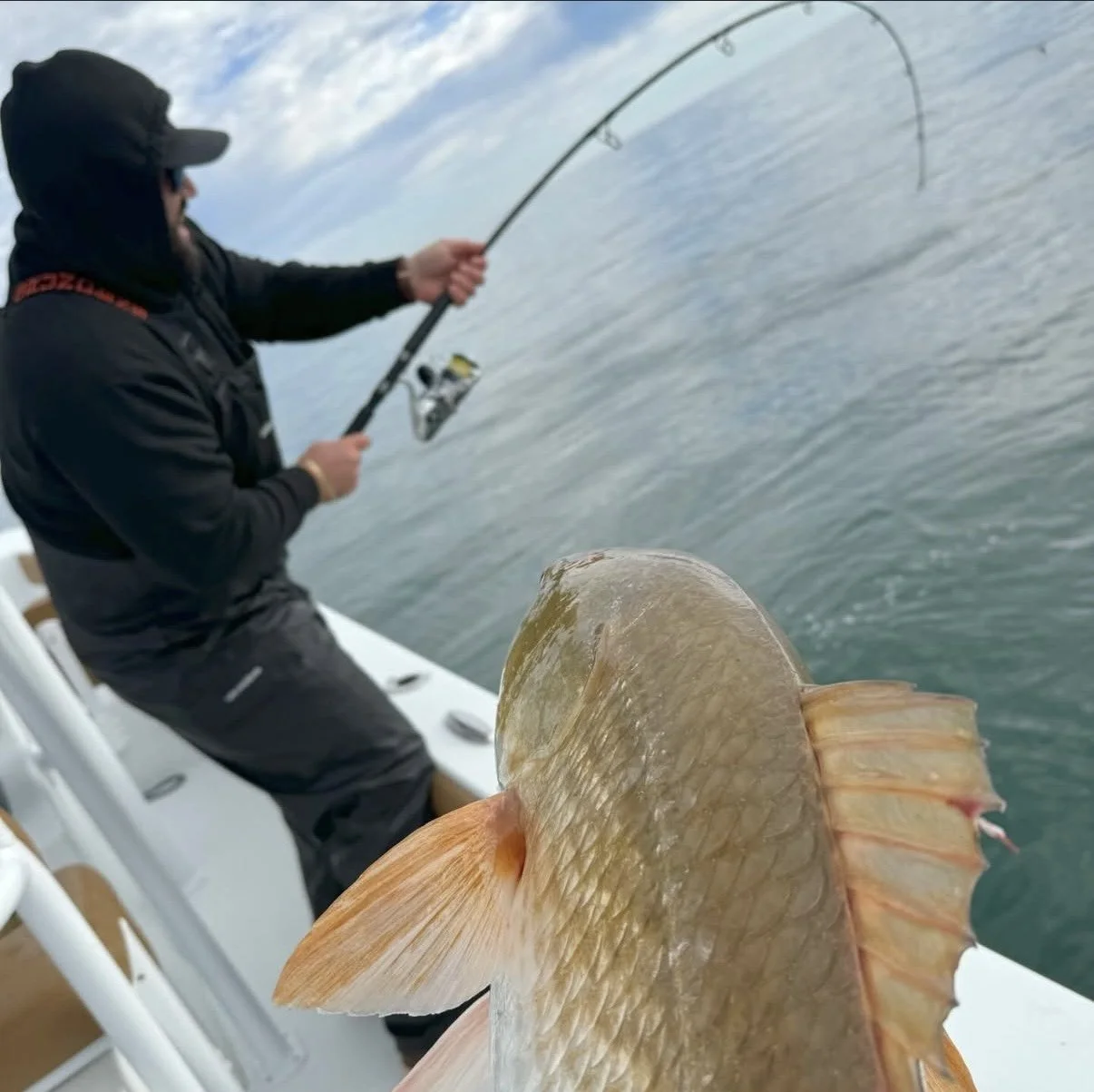 Person fishing on boat with a caught fish close-up in the foreground, ocean in the background.