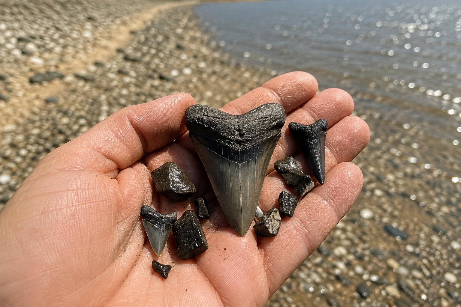 Hand holding several shark teeth and small rocks by a pebbly beach with water in the background.