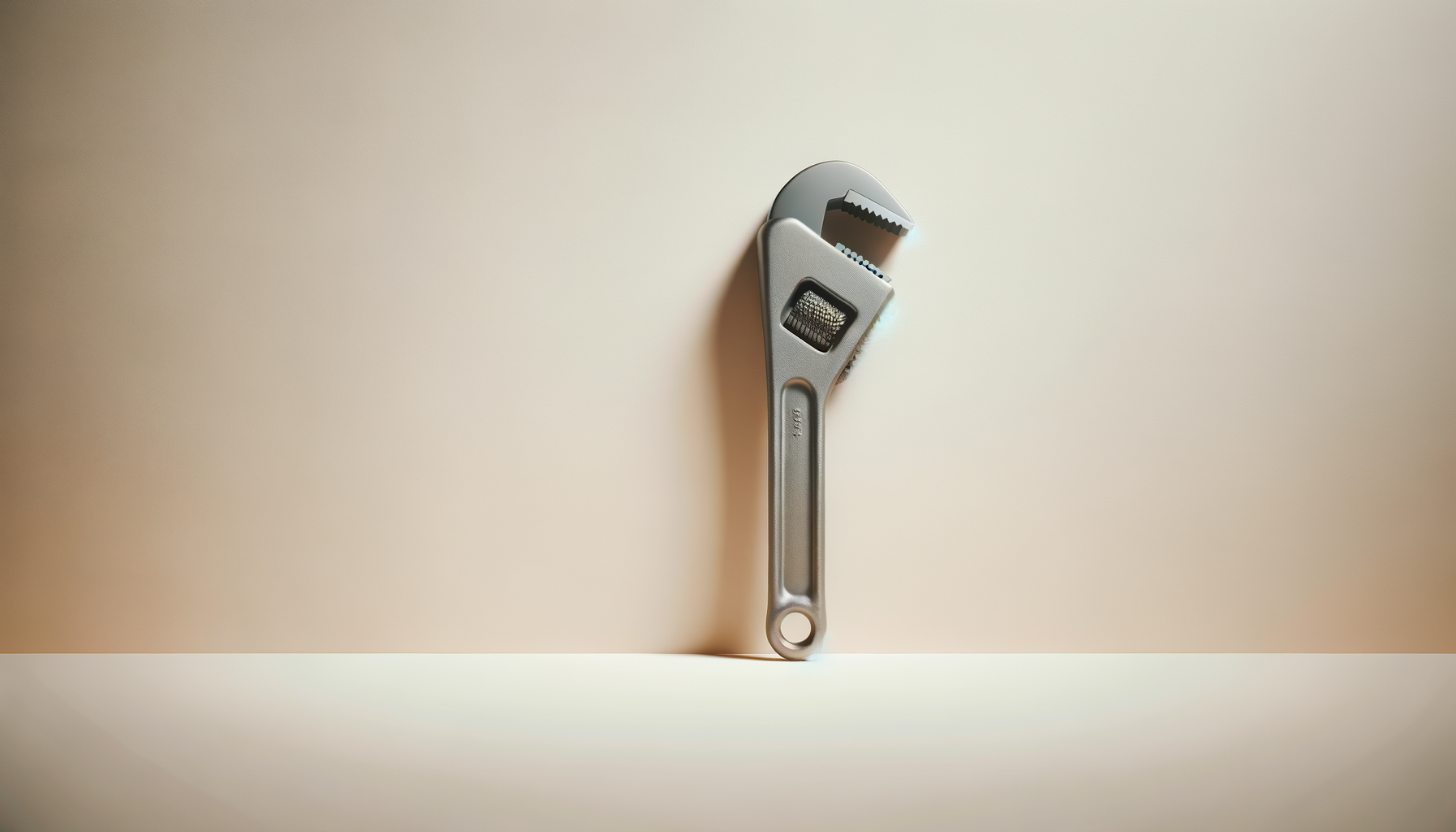 A silver adjustable wrench balanced on its handle against a beige background.
