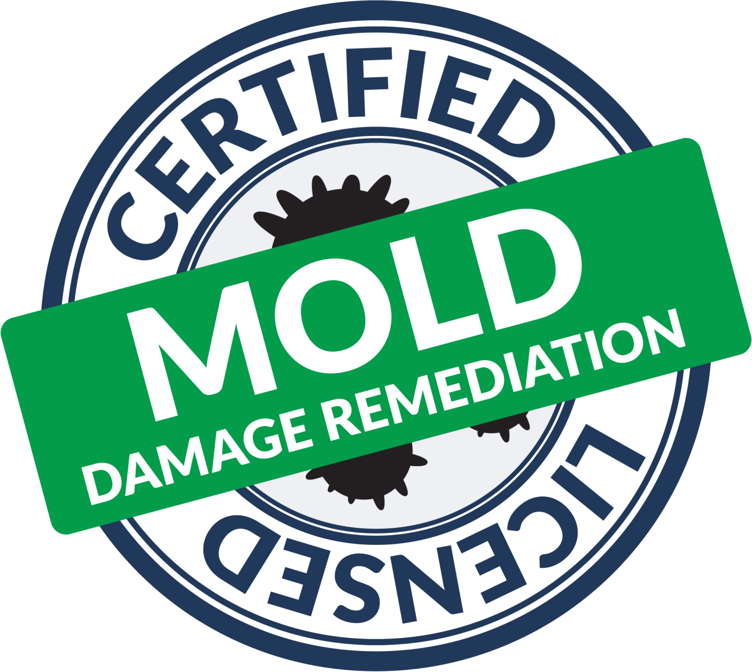 Certified pest control badge with a green overlay stating 'MOLD DAMAGE REMEDIATION'.